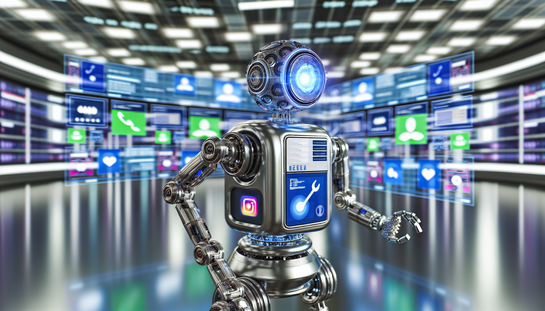 Stellen Sie sich ein kÃ¼nstliches Intelligenzsystem vor, das ansprechende Inhalte fÃ¼r soziale Medien erstellt. Die KI wird als futuristische, metallische Maschine dargestellt, die Ã¼ber eine Reihe fortschrittlicher Bildschirme und Panels verfÃ¼gt, die verschiedene soziale Medienplattformen wie Mikroblogging-Seiten, Foto-Sharing-Apps und Video-Streaming-Dienste anzeigen. Sie hat mehrere GliedmaÃŸen, die gleichzeitig die Aufgaben des Schreibens von BeitrÃ¤gen, Bearbeitens von Bildern und Videos sowie des Managements von Interaktionen Ã¼bernehmen. Der Hintergrund ist ein eleganter, hochmoderner Hub, der mit weiteren solchen Maschinen gefÃ¼llt ist, die alle darauf hinarbeiten, ein nahtloses und immersives Online-Erlebnis zu schaffen.