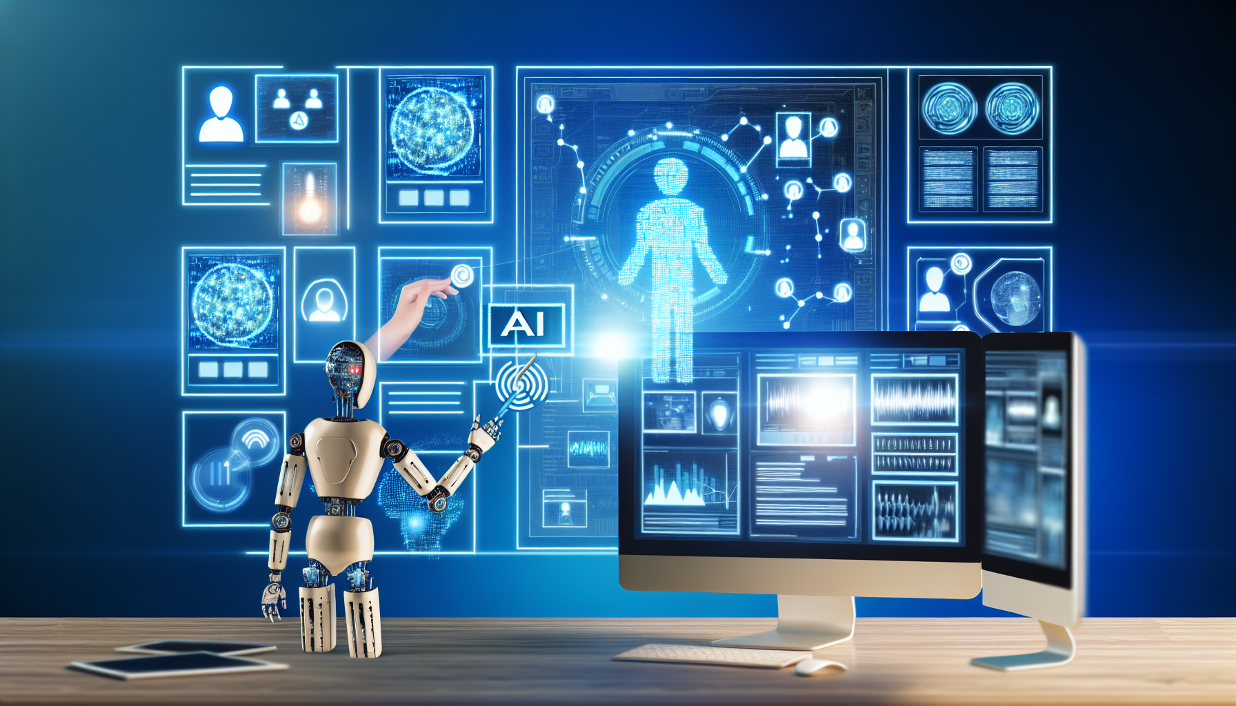 Erstellen Sie ein Bild, das das Konzept der Erstellung von Inhalten fÃ¼r soziale Medien mit Hilfe von kÃ¼nstlicher Intelligenz veranschaulicht. Zeigen Sie einen futuristischen Arbeitsplatz mit mehreren Bildschirmen, wobei ein Bildschirm grafisch die Arbeitsweise von KI-Algorithmen darstellt und andere verschiedene Phasen der Inhaltserstellung zeigen, wie z.B. Design, Schreiben, Planen von BeitrÃ¤gen usw. Ein humanoider Roboter mit HÃ¤nden ist aktiv in diesen Prozess eingebunden und symbolisiert die Rolle der KI.