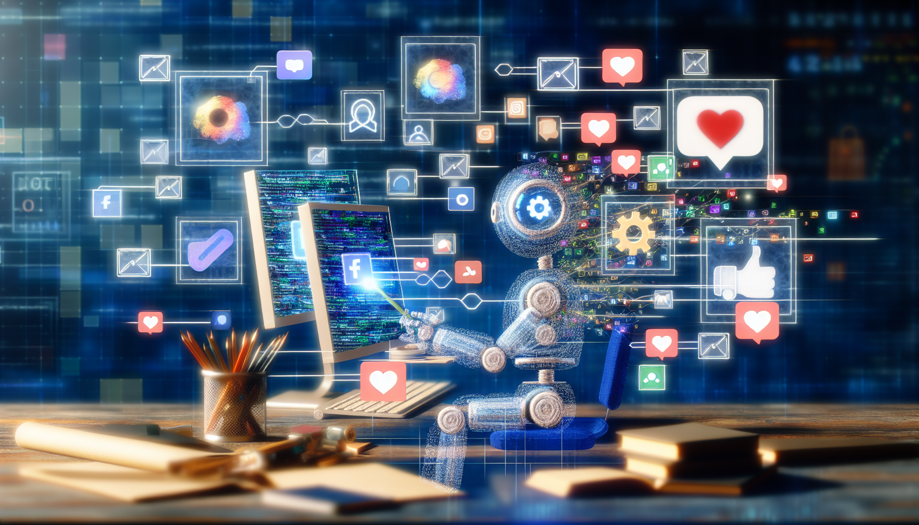 Konzeptionelle Darstellung von KI (KÃ¼nstlicher Intelligenz), die Inhalte fÃ¼r soziale Medien erstellt. Die KI kÃ¶nnte als Computer oder Roboter dargestellt werden, der an einem Schreibtisch sitzt, der mit digitalen Werkzeugen und Grafiken gefÃ¼llt ist. Die KI arbeitet fleiÃŸig, wÃ¤hrend Grafiken und Code-StrÃ¶me von den Bildschirmen ausgehen und in verschiedene Symbole sozialer Medien wie eine Sprechblase, ein Herz, ein Teilen-Symbol und einen Daumen nach oben aufgenommen werden. Die AtmosphÃ¤re ist intensiv digital und zeigt die Verschmelzung von Technologie und KreativitÃ¤t.