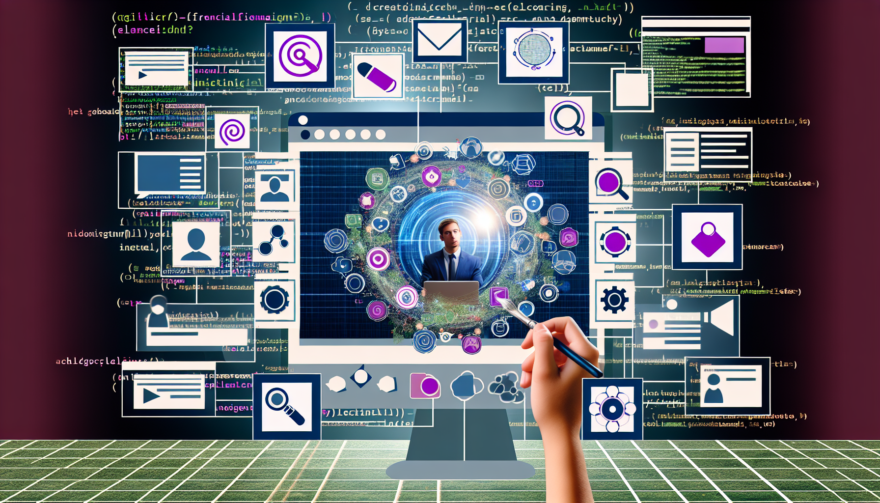 Erstellen Sie ein Bild, das die Erstellung von Inhalten für soziale Medien unter Verwendung von künstlicher Intelligenz darstellt. Es sollte verschiedene Software-Tools, Programmierprozesse, Algorithmen und Grafiken zeigen, die sich um ein zentrales Element gruppieren: einen Bildschirm, der einen digitalen Assistenten zeigt, der kreativ Beiträge für verschiedene soziale Medienplattformen zusammenstellt und bearbeitet.