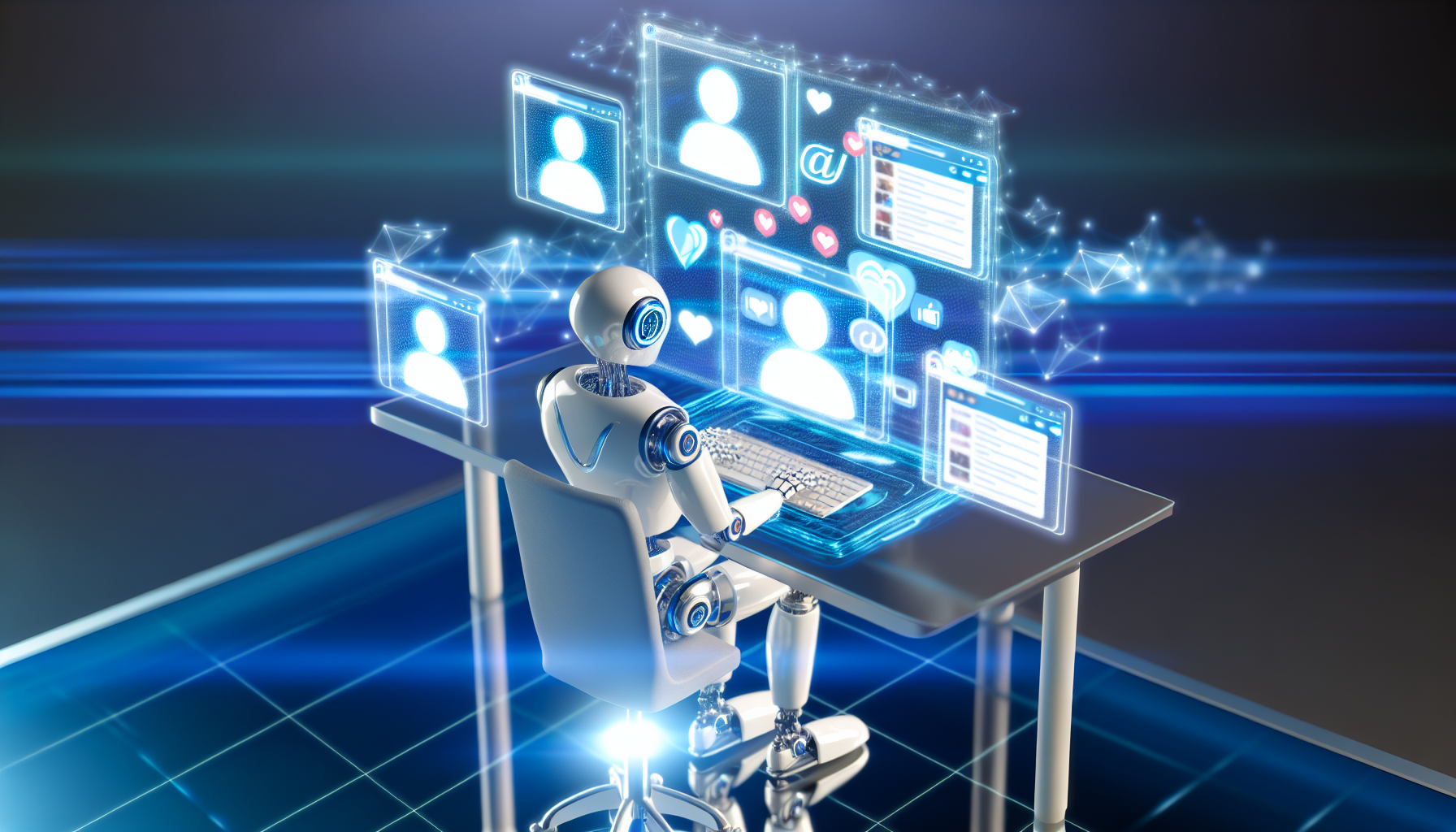 Eine konzeptionelle Darstellung von kÃ¼nstlicher Intelligenz, die Inhalte fÃ¼r soziale Medien erstellt. Visualisieren Sie einen Roboter, der an einem futuristischen Schreibtisch sitzt, umgeben von mehreren schwebenden holografischen Bildschirmen, die verschiedene soziale Medienplattformen anzeigen. Der Roboter tippt eifrig auf einer virtuellen Tastatur, wÃ¤hrend seine andere Hand die holografischen Schnittstellen verwaltet, Fotos hochlÃ¤dt, BeitrÃ¤ge verfasst, auf Kommentare reagiert und Daten analysiert. Das gesamte Farbschema sollte eine lebendige Mischung aus Blau-, WeiÃŸ- und SilbertÃ¶nen sein, um die digitale Welt zu symbolisieren.
