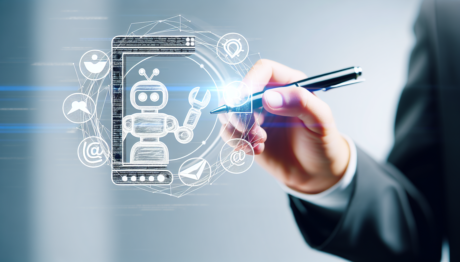 Erstellen Sie ein Bild, das das Konzept der kÃ¼nstlichen Intelligenz darstellt, die Inhalte fÃ¼r soziale Medien generiert. Dies kann eine visuelle Darstellung eines Computers oder Roboters umfassen, der mit sozialen Medienplattformen interagiert, BeitrÃ¤ge oder Videos erstellt, mit klaren Hinweisen auf Automatisierung durch Symbole oder Code.