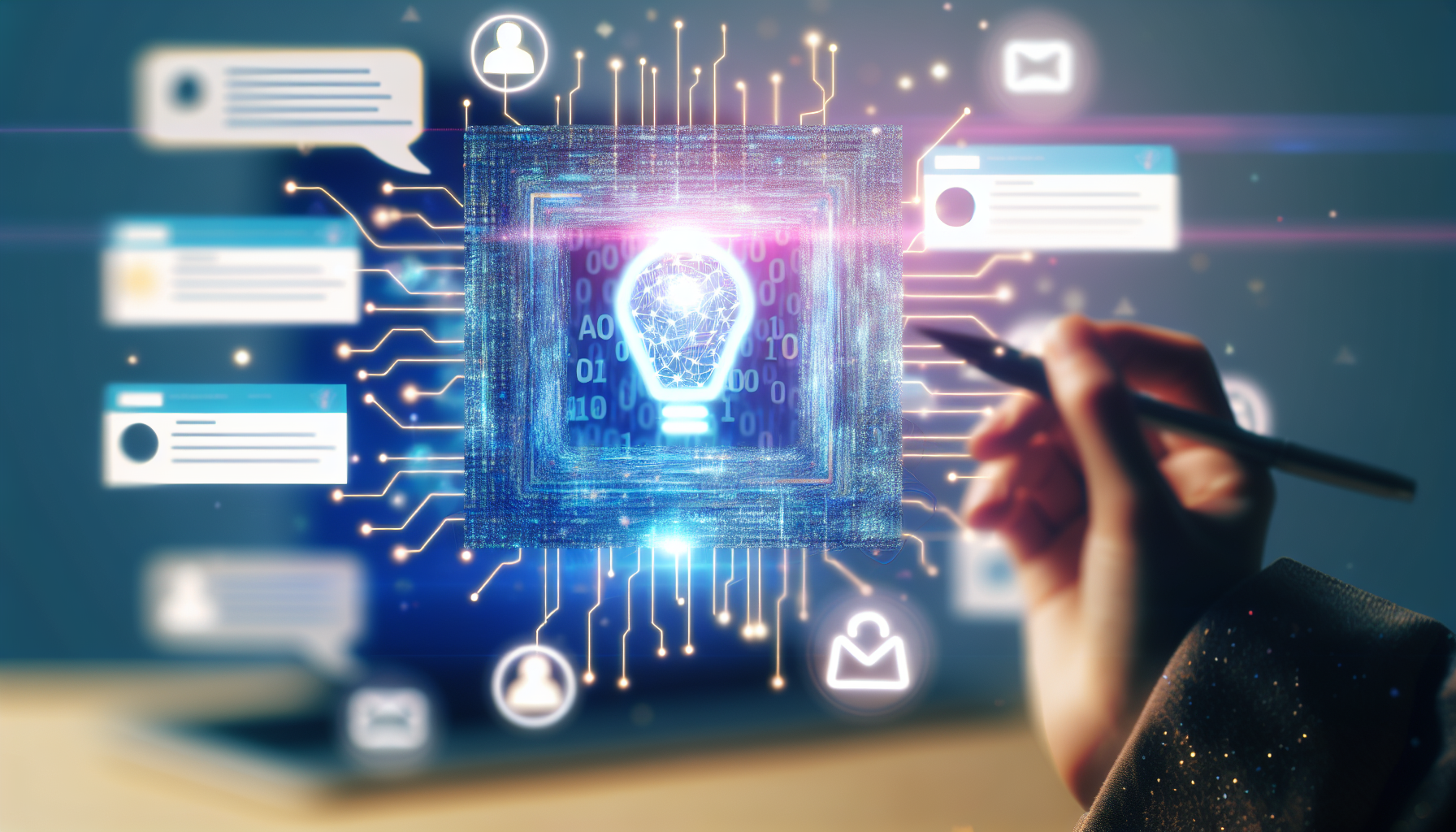 Erstellen Sie ein Bild, das das Konzept der kÃ¼nstlichen Intelligenz darstellt, die Inhalte fÃ¼r soziale Medien generiert. Die Szene kÃ¶nnte einen modernen, eleganten Computeralgorithmus zeigen, der Daten verarbeitet. FÃ¼gen Sie auch eine visuelle Darstellung verschiedener Arten von Inhalten fÃ¼r soziale Medien hinzu, wie BlogbeitrÃ¤ge, Tweets und Fotos. Lassen Sie den Algorithmus als schwebendes Hologramm erscheinen, umgeben von wirbelnden Datenlinien.