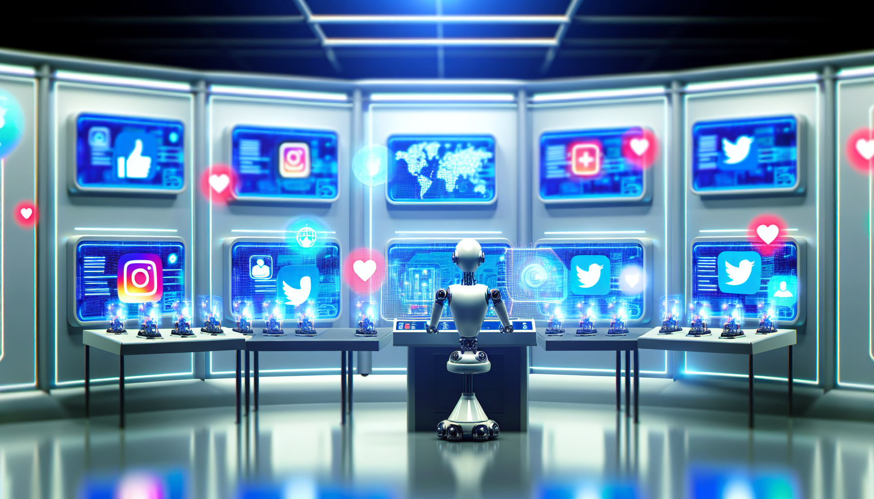 Erstellen Sie ein Bild, das das Konzept der Nutzung von kÃ¼nstlicher Intelligenz zur Erstellung von Inhalten fÃ¼r soziale Medien veranschaulicht. Das Bild sollte ein futuristisches Labor zeigen, in dem sorgfÃ¤ltig gestaltete Maschinen arbeiten, die jeweils verschiedene Arten von Inhalten fÃ¼r soziale Medien erstellen, wie BeitrÃ¤ge, Stories, Tweets usw. Das Labor sollte mit holografischen Bildschirmen gefÃ¼llt sein, die verschiedene soziale Medienplattformen anzeigen. In der Mitte kÃ¶nnte ein KI-gesteuertes Roboter stehen, das diesen gesamten Betrieb orchestriert.