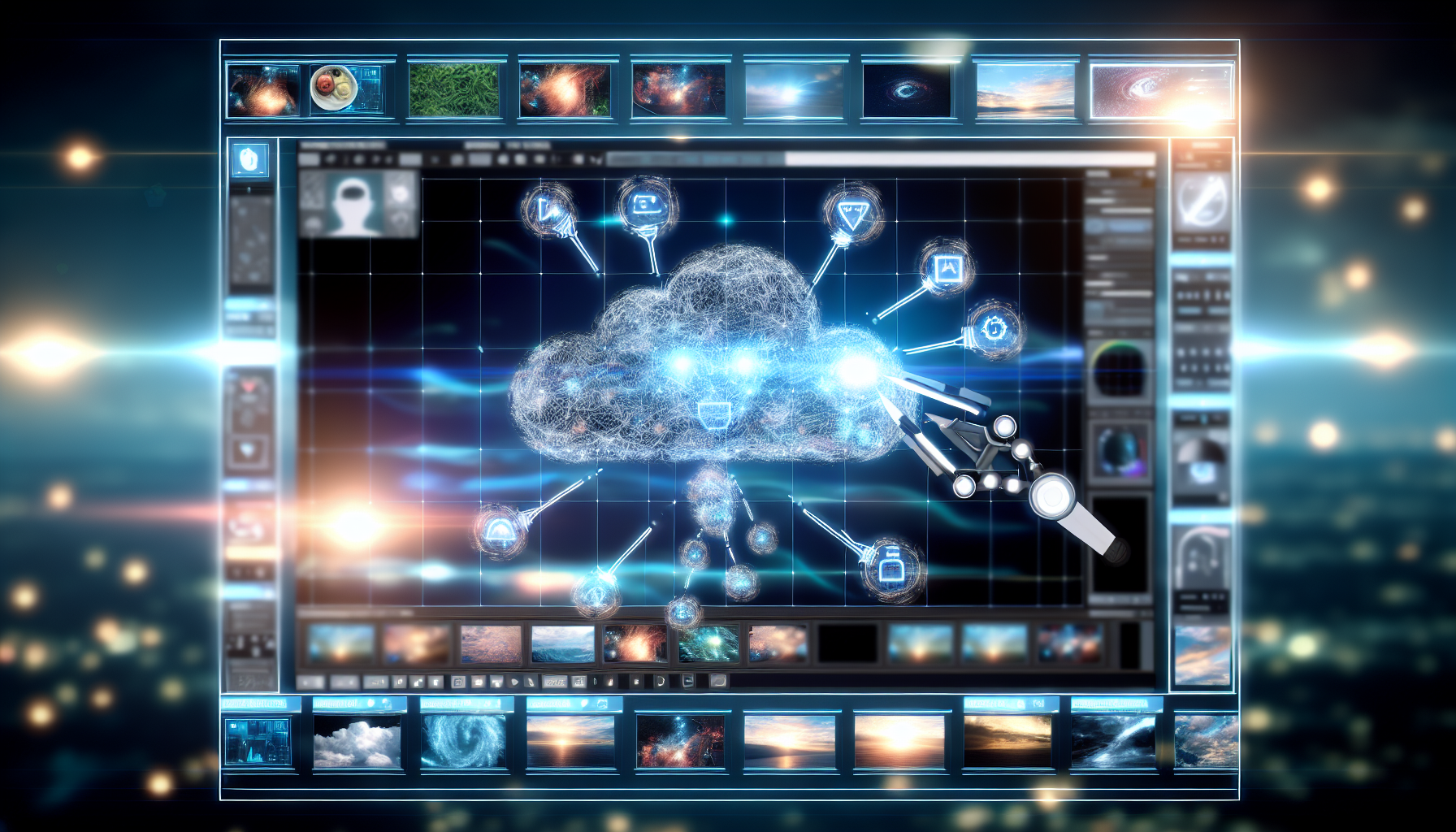 Erstellen Sie ein Bild, das die Erstellung von Inhalten fÃ¼r soziale Medien mithilfe von kÃ¼nstlicher Intelligenz darstellt. Zeigen Sie ein futuristisch aussehendes KI-System, das aus einer Wolke ineinander verwobener Schaltkreise besteht und Inhalte fÃ¼r soziale Medien auf einem hochmodernen holografischen Bildschirm erstellt. Diese Inhalte kÃ¶nnen eine Vielzahl von Themen wie Natur, Reisen, Essen und Unterhaltung umfassen. Lassen Sie die KI mit den holografischen Steuerungen interagieren, BeitrÃ¤ge prÃ¤zise bearbeiten und gestalten. Die AtmosphÃ¤re sollte hochmodern und futuristisch sein, mit leuchtenden Lichtern und einem eleganten Design.