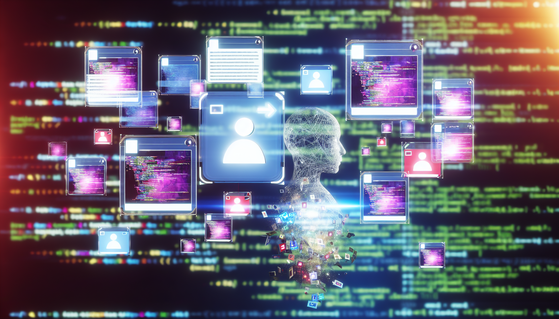 Das Bild zeigt den Prozess der Erstellung von Inhalten fÃ¼r soziale Medien mithilfe von kÃ¼nstlicher Intelligenz. Es zeigt eine futuristische, hochmoderne Umgebung mit GerÃ¤ten, die komplexe Programmiersprachen anzeigen. Eine abstrakte Figur, die kÃ¼nstliche Intelligenz symbolisiert, schwebt Ã¼ber den GerÃ¤ten. Die KI interagiert mit den GerÃ¤ten und zeigt ein tiefes VerstÃ¤ndnis fÃ¼r den Prozess der Inhaltserstellung. Sie generiert eine Vielzahl von bunten Social-Media-BeitrÃ¤gen wie Textausschnitten, Bildern und Hashtags auf mehreren schwebenden Bildschirmen. Das Bild vermittelt den Eindruck einer nahtlosen Zusammenarbeit zwischen Technologie und KreativitÃ¤t.