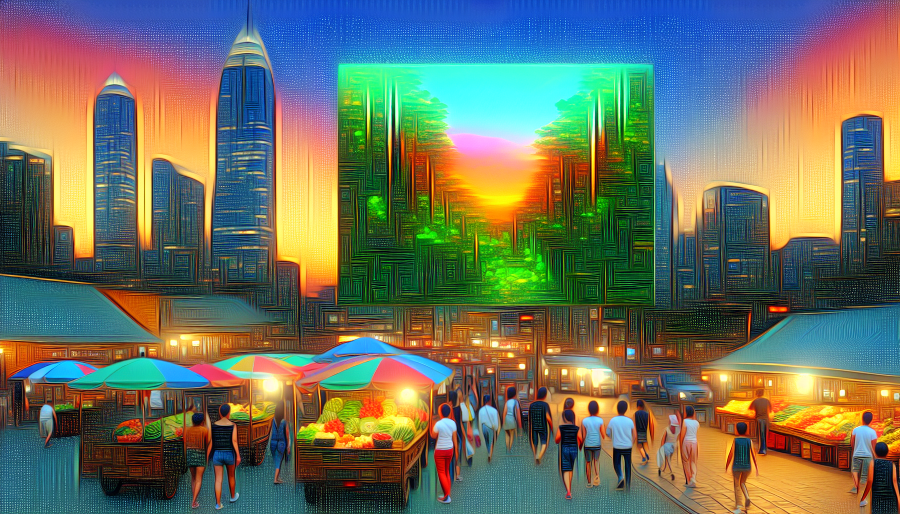 Erstelle einen von KI generierten Social-Media-Inhalt. Es handelt sich um ein absolut lebendiges Bild eines digital gezeichneten Ã–kosystems: Eine blÃ¼hende stÃ¤dtische Skyline, vor dem Hintergrund eines bunten Sonnenuntergangs, mit hoch aufragenden Wolkenkratzern, die sich gegen den Abendhimmel abzeichnen. Ein digitales Display in der Luft zeigt eine sanft schwenkende, Ã¼ppige Waldszene. StraÃŸenverkÃ¤ufer bieten farbenfrohe lokale Produkte an, wÃ¤hrend FuÃŸgÃ¤nger aller Abstammungen und Geschlechter selbstbewusst auf den BÃ¼rgersteigen schreiten. Die gesamte Komposition sollte ausgewogen, recht detailliert und voller Leben sein und eine pulsierende Metropole am Abend darstellen.