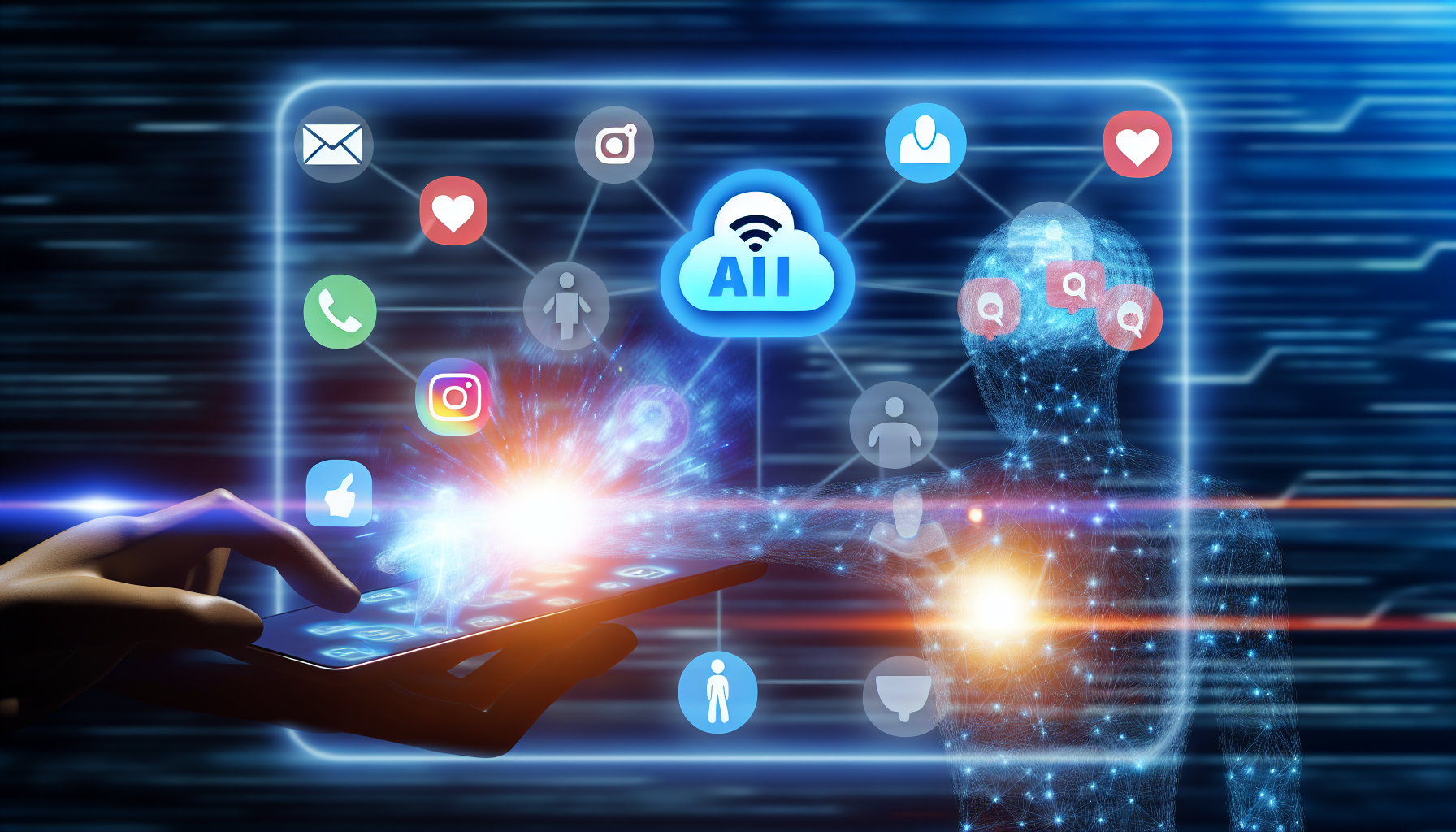 Erstellen Sie ein Bild, das das Konzept der Erstellung von Inhalten fÃ¼r soziale Medien mithilfe von kÃ¼nstlicher Intelligenz darstellt. Die Szene kann eine abstrakte Figur zeigen, die mit einer futuristischen holografischen BenutzeroberflÃ¤che interagiert, auf der Symbole verschiedener sozialer Medien angezeigt werden. Lichtstrahlen kÃ¶nnten den Datentransfer symbolisieren. Ein digitales KI-Gehirn steht fÃ¼r die Intelligenz hinter dem Prozess.