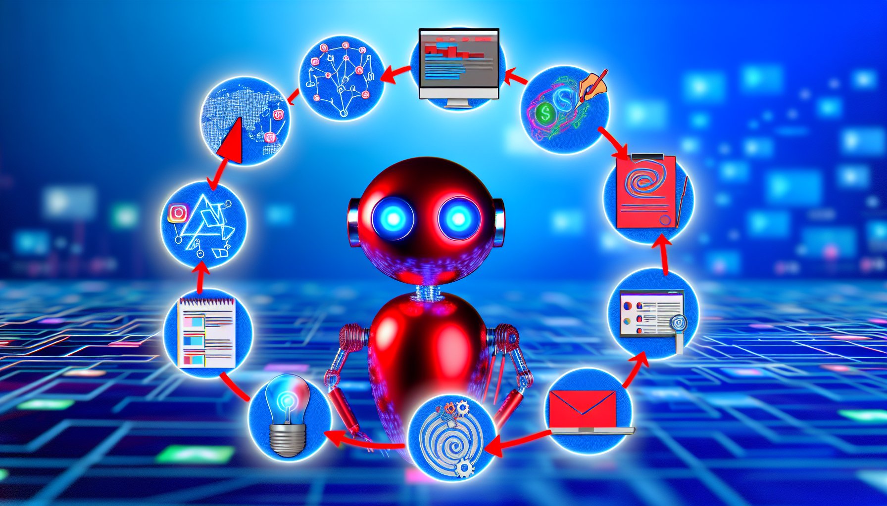 Erstellen Sie ein Bild, das den Prozess der Nutzung von kÃ¼nstlicher Intelligenz zur Erstellung von Inhalten fÃ¼r soziale Medien veranschaulicht. Es kÃ¶nnte eine Abfolge von Aktionen darstellen, wie Brainstorming, Grafikdesign, das Verfassen von BeitrÃ¤gen und das VerÃ¶ffentlichen auf verschiedenen Plattformen, alles von einem futuristischen KI-Bot in Rot mit blauen LED-Augen durchgefÃ¼hrt. Stellen Sie auÃŸerdem die digitale Online-Welt im Hintergrund dar, die mit Symbolen sozialer Medien gefÃ¼llt ist.
