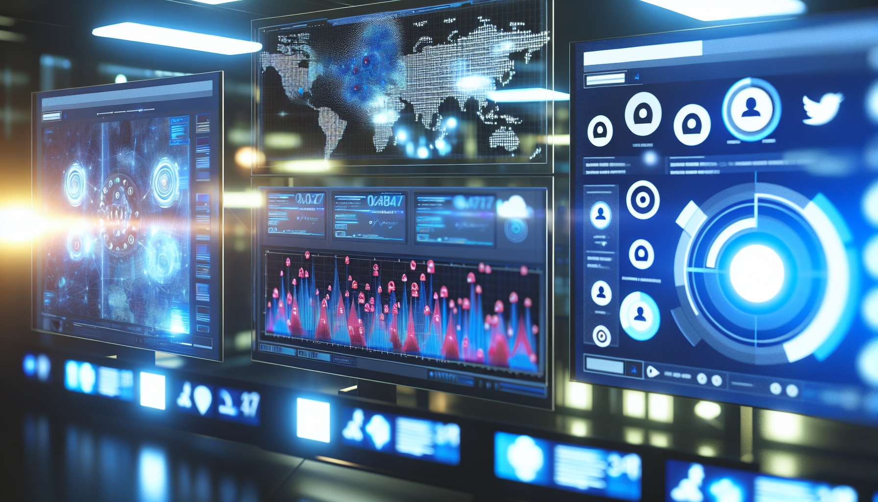 Erzeuge ein Bild einer futuristischen Szene, in der ein KI-gestÃ¼tztes Computerprogramm Inhalte fÃ¼r soziale Medien erstellt. Das Programm hat mehrere Bildschirme, auf denen verschiedene soziale Medienplattformen geÃ¶ffnet sind. Es gibt klare, visuelle Grafiken und Diagramme, die Datentrends und Benutzerengagement anzeigen. Beachte, dass es sich um eine nÃ¤chtliche Innenraumszene handelt, bei der das Licht von den Bildschirmen die Hauptlichtquelle ist und einen sanften, beleuchtenden Effekt auf die Umgebung wirft.