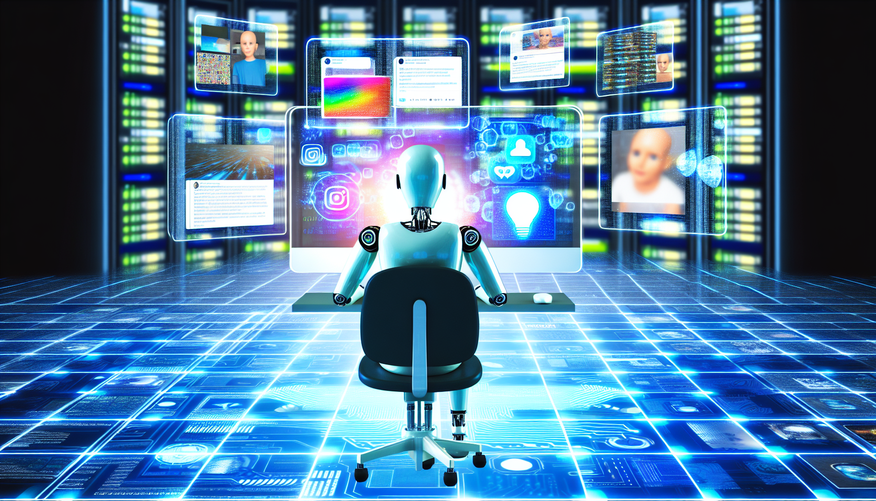 Erstellen Sie ein Bild, das das Konzept der kÃ¼nstlichen Intelligenz (KI) zeigt, die Inhalte fÃ¼r soziale Medien generiert. Stellen Sie es als humanoiden KI-Roboter dar, der an einem groÃŸen Bildschirm sitzt, umgeben von holografischen Bildschirmen, die verschiedene Arten von beliebten Inhalten in sozialen Medien wie Bilder, TextbeitrÃ¤ge und Memes zeigen. Im Hintergrund reprÃ¤sentieren Sie riesige Server und futuristische Technologien, die auf die komplexen Algorithmen hinweisen, die im Einsatz sind. Dies sollte den Eindruck einer fortschrittlichen KI vermitteln, die stÃ¤ndig Inhalte fÃ¼r digitale Plattformen Ã¼berwacht und erstellt.