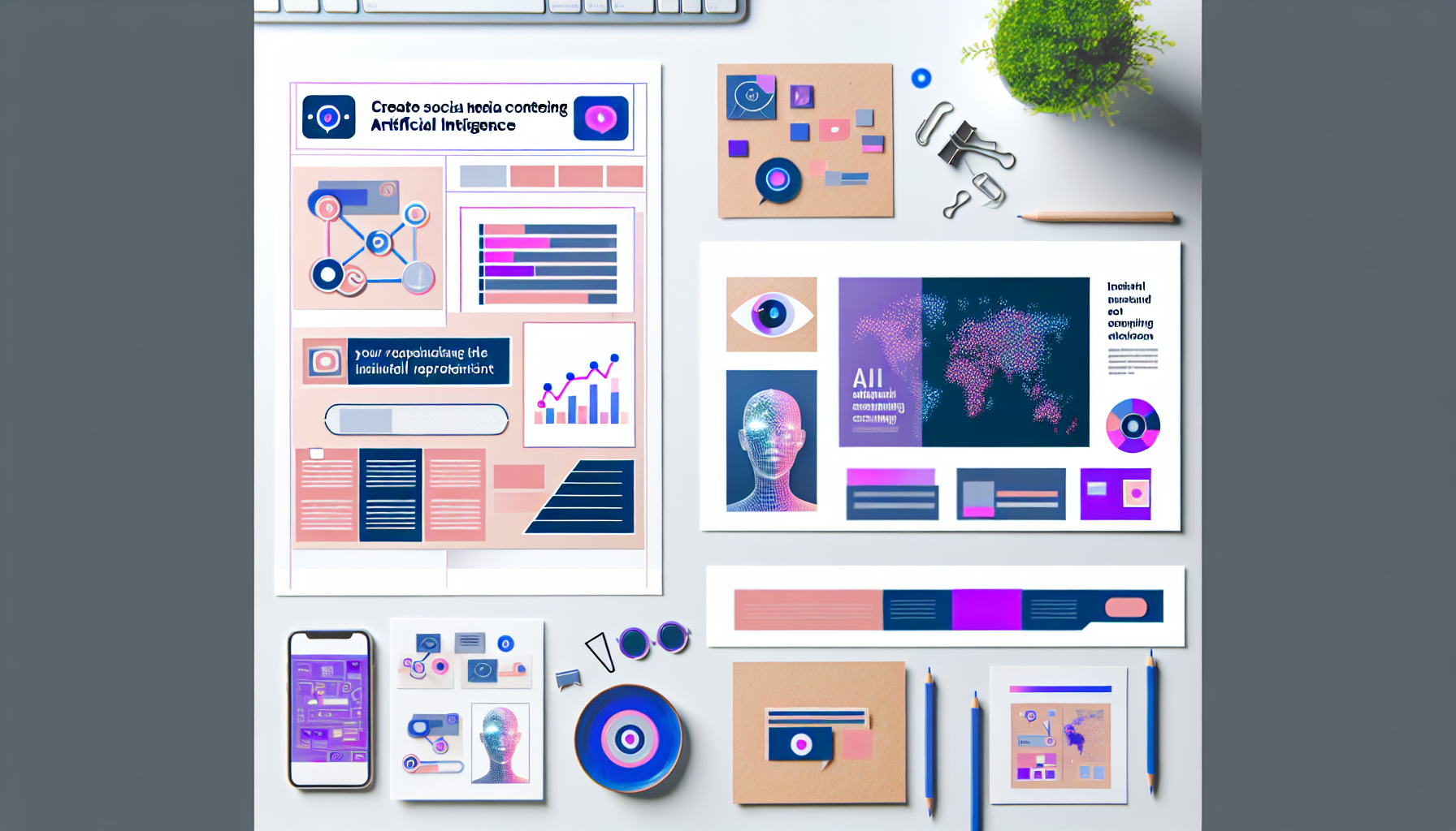 Erstellen Sie Inhalte fÃ¼r soziale Medien mit kÃ¼nstlicher Intelligenz. Die Inhalte sollten aus Infografiken mit DatenreprÃ¤sentation, inspirierenden Zitatgrafiken und coolen Grafikdesigns fÃ¼r BeitrÃ¤ge bestehen. Das Farbschema sollte lebendige FarbtÃ¶ne enthalten, und die gesamte Ã„sthetik sollte moderne, minimalistische Designstandards widerspiegeln. Besonders wichtig ist, dass die KI-Komponenten nahtlos integriert werden, um die FÃ¤higkeiten und das Potenzial von KI im Bereich der Erstellung von Inhalten fÃ¼r soziale Medien zu zeigen.