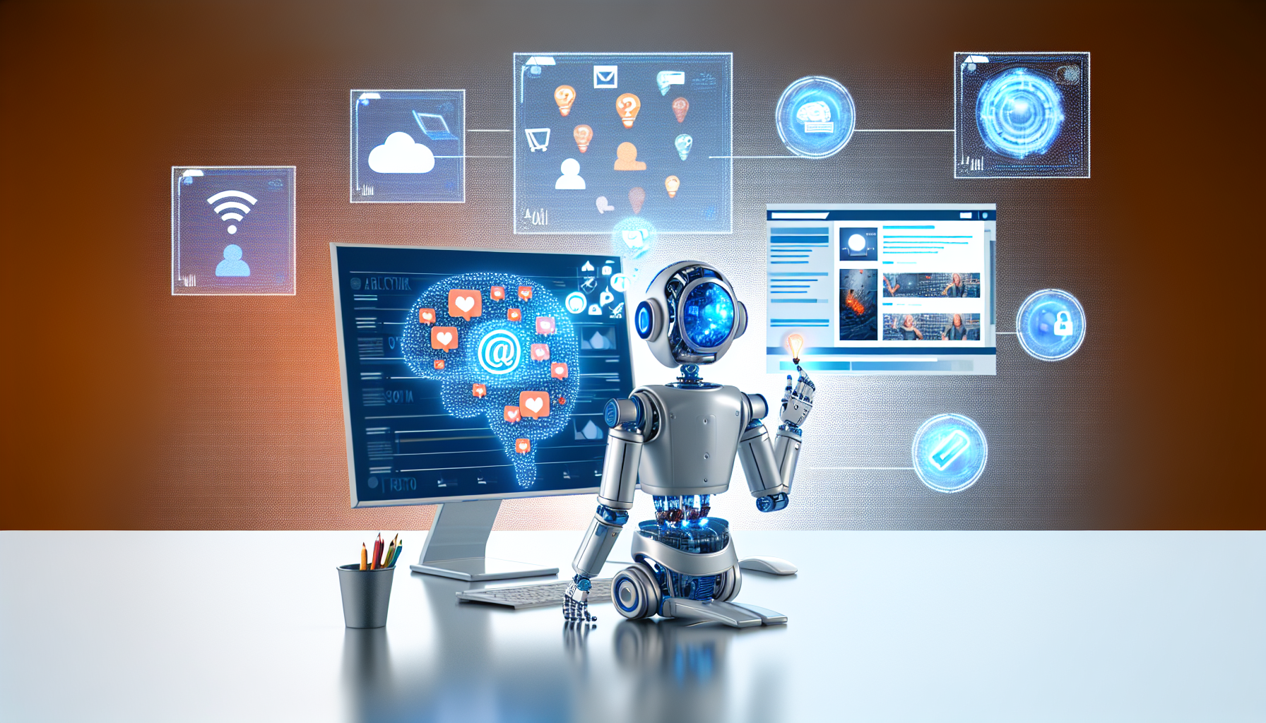 Erstellen Sie ein Bild, das kÃ¼nstliche Intelligenz darstellt, die Inhalte fÃ¼r soziale Medien generiert. Es kÃ¶nnte eine grafische Darstellung einer KI zeigen, die als Roboter imaginiert wird und vor einem Computer mit mehreren Bildschirmen sitzt. Auf den Bildschirmen sind verschiedene Arten von Social-Media-BeitrÃ¤gen zu sehen, wie z. B. ein Textbeitrag, ein Foto-Beitrag und ein Video-Beitrag. Die KI arbeitet fleiÃŸig und zeigt eine Gedankenblase, die mit Ideen zur Social-Media-Inhaltsstrategie gefÃ¼llt ist, einschlieÃŸlich Symbole, die Engagement, ViralitÃ¤t und Publikumswachstum darstellen. Das gesamte Design ist schlank und modern, um die fortschrittliche Technologie der KI widerzuspiegeln.