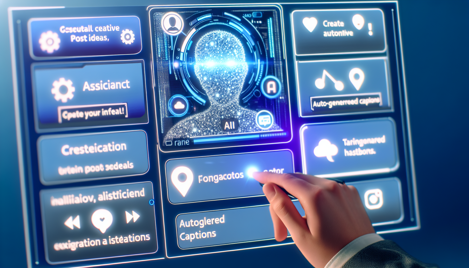 **Soziale Medien-Inhaltserstellung mit KÃ¼nstlicher Intelligenz**nðŸŒŸ **Zukunftsorientierte BenutzeroberflÃ¤che** ðŸŒŸn**AI-Assistent**: "Hallo! Lass uns kreative Ideen fÃ¼r deine Social-Media-BeitrÃ¤ge entwickeln! WÃ¤hle eine Plattform aus: Instagram, Twitter oder Facebook."n---n### **Instagram**n**Post-Idee**: "Ein Tag im Leben eines KÃ¼nstlers" ðŸŽ¨  
**Vorgeschlagene Hashtags**: #Kunst #KreativitÃ¤t #Inspiration #KÃ¼nstlerleben  
**Auto-generierte Bildunterschrift**: "Jeder Pinselstrich erzÃ¤hlt eine Geschichte. ðŸŽ¨âœ¨ Was inspiriert euch heute? #Kunst"n---n### **Twitter**n**Post-Idee**: "Motivationszitat des Tages" ðŸ’ª  
**Vorgeschlagene Hashtags**: #Motivation #Zitate #Inspiration  
**Auto-generierte Tweet**: "Der einzige Weg, groÃŸartige Arbeit zu leisten, ist, das zu lieben, was du tust. ðŸ’– #Motivation"n---n### **Facebook**n**Post-Idee**: "Wochenend-Umfrage" ðŸ“Š  
**Vorgeschlagene Hashtags**: #Wochenende #Umfrage #Gemeinschaft  
**Auto-generierte Bildunterschrift**: "Was sind eure PlÃ¤ne fÃ¼r das Wochenende? Lasst es uns wissen! ðŸŒŸðŸ‘‡ #Wochenende"n---n**Dynamische Visuals**: Die BenutzeroberflÃ¤che zeigt ansprechende Grafiken, die sich je nach ausgewÃ¤hlter Plattform Ã¤ndern. n**Emoji-Eingaben**: Benutzer kÃ¶nnen Emojis einfach per Drag & Drop in ihre BeitrÃ¤ge einfÃ¼gen, um mehr Ausdruck zu verleihen.n---n**Intuitive BenutzeroberflÃ¤che**: Modernes Design mit klaren, benutzerfreundlichen MenÃ¼s und einer einfachen Navigation, die es Nutzern ermÃ¶glicht, schnell zwischen den verschiedenen Funktionen zu wechseln.n---n**Fazit**: Mit dieser KI-gesteuerten BenutzeroberflÃ¤che wird die Erstellung von Social-Media-Inhalten zum Kinderspiel! Lass deiner KreativitÃ¤t freien Lauf und teile deine Botschaft mit der Welt! ðŸŒâœ¨