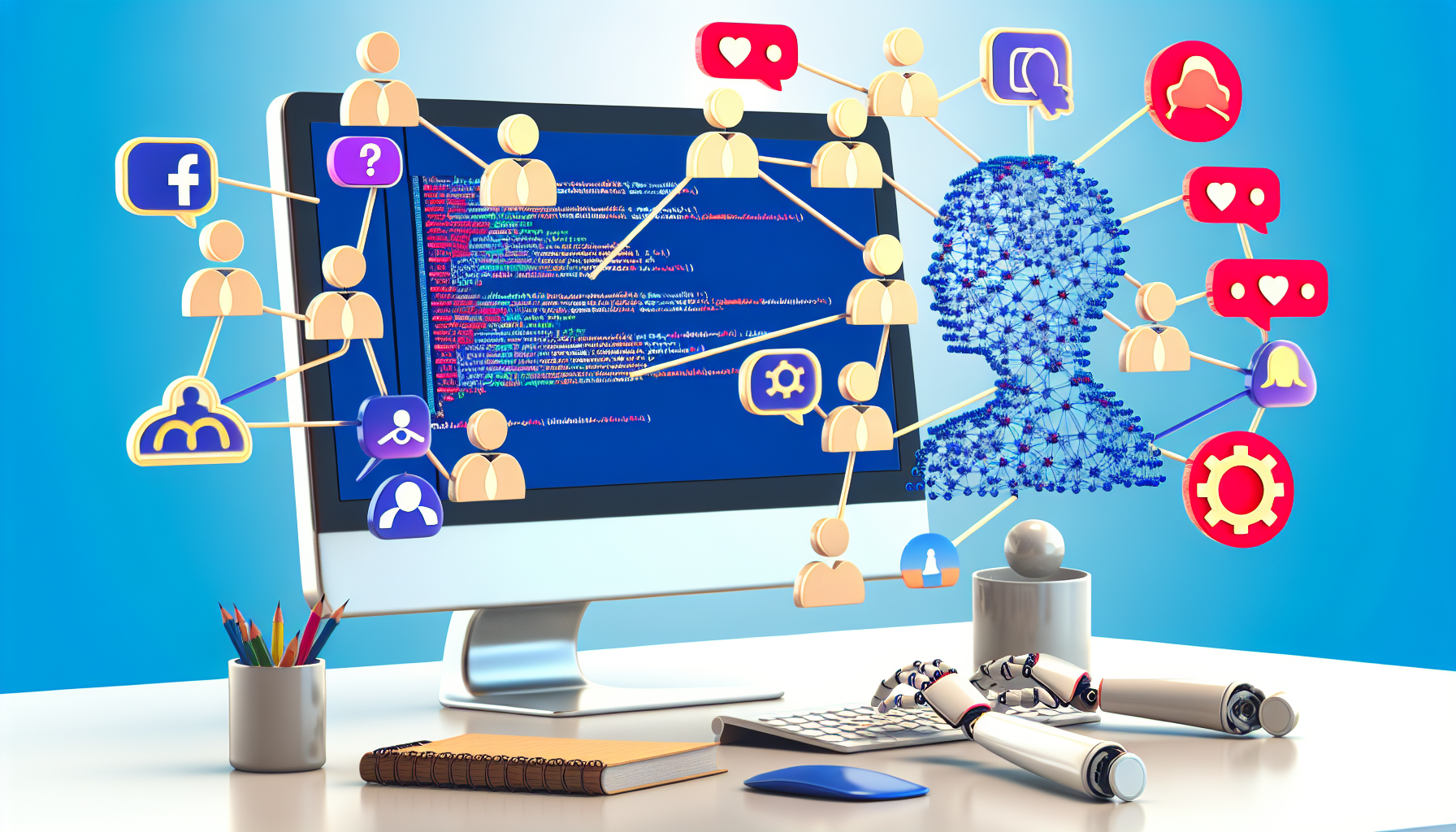Erstellen Sie ein Bild, das den Prozess der Nutzung von kÃ¼nstlicher Intelligenz zur Erstellung von Inhalten fÃ¼r soziale Medien darstellt. Dies kÃ¶nnte einen Computer mit sichtbarem Code auf dem Bildschirm, Netzwerkdiagramme, die KI-Algorithmen symbolisieren, und verschiedene Arten von Inhalten fÃ¼r soziale Medien wie BeitrÃ¤ge, Videos und Bilder, die produziert werden, umfassen. FÃ¼gen Sie einige menschliche Figuren hinzu, die mit dem System interagieren, vielleicht auf den Bildschirm zeigen oder an einer Tastatur arbeiten. Die Figuren sollten eine Vielzahl von Abstammungen darstellen, wie kaukasisch, hispanisch, nahÃ¶stlich und sÃ¼dasiatisch, sowie verschiedene Geschlechter, um eine vielfÃ¤ltige Gruppe von Nutzern und Kreativen zu reprÃ¤sentieren.