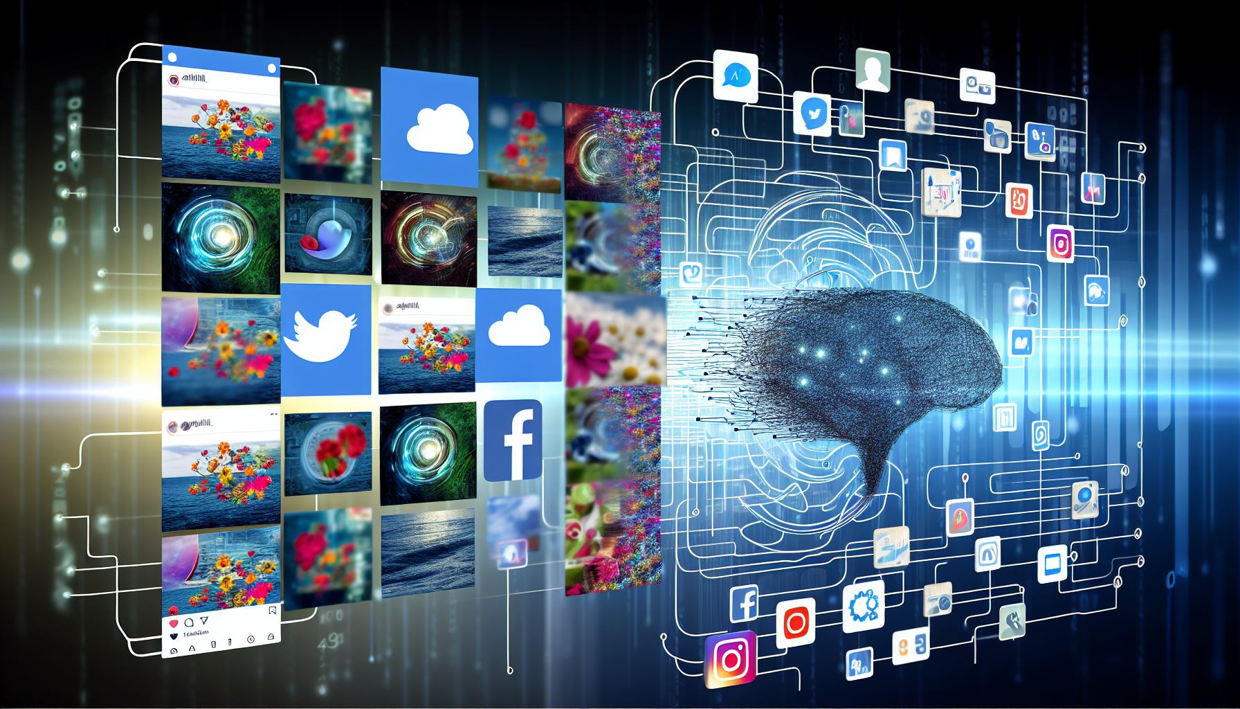 Stellen Sie sich einen ausgeklÃ¼gelten Prozess vor, bei dem kÃ¼nstliche Intelligenz Inhalte fÃ¼r soziale Medien generiert. Auf dem Bildschirm sehen Sie eine vielfÃ¤ltige Auswahl an Social-Media-BeitrÃ¤gen mit unterschiedlichen Themen wie Natur, Technologie und Essen, jeder mit einem einzigartigen, auffÃ¤lligen Grafikdesign. Verschiedene Icons fÃ¼r verschiedene soziale Medienplattformen wie Twitter, Facebook und Instagram werden angezeigt. Die Visualisierung der KI-Algorithmen wird im Hintergrund durch flieÃŸende Linien und Diagramme dargestellt.