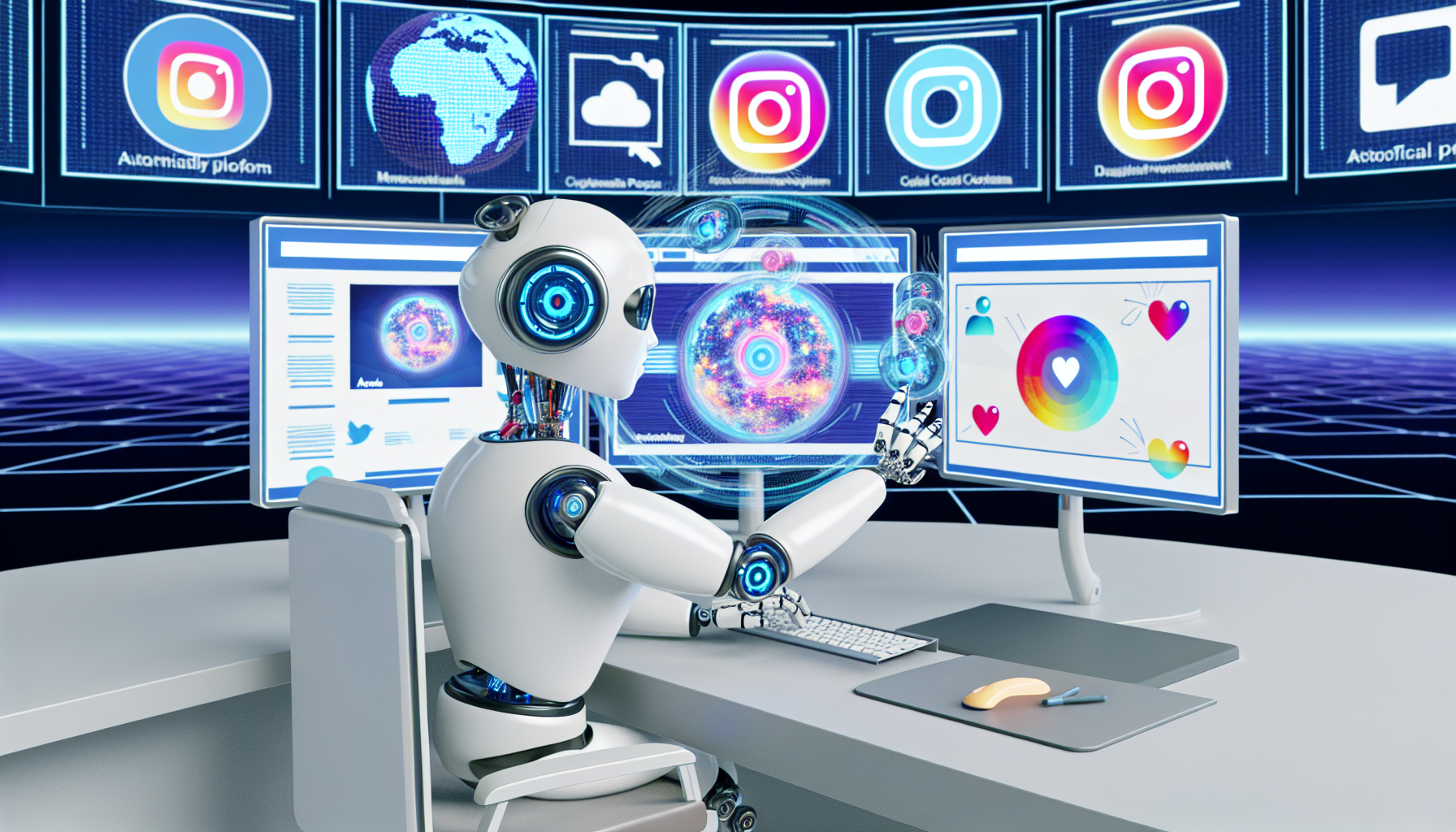 In einem futuristischen Raum, der von sanften Neonlichtern erleuchtet wird, sitzt eine anthropomorphisierte Roboterfigur an einem hochmodernen Computerstation. Der Roboter hat eine schlanke, glÃ¤nzende Silhouette, mit leuchtenden Augen, die in verschiedenen Farben blitzen, wÃ¤hrend er konzentriert auf die Vielzahl von Bildschirmen vor sich blickt. Jeder Bildschirm zeigt eine andere digitale Plattform, die in einem kaleidoskopischen Fluss von Informationen pulsiert.nMit eleganten Handgesten interagiert der Roboter mit holografischen Bildschirmen, die in der Luft schweben. Er wischt durch DatenstrÃ¶me, zieht Grafiken und Texte zusammen und formt sie zu ansprechenden Inhalten. Ein futuristisches Keyboard und eine Maus liegen bereit, doch der Roboter scheint sie kaum zu benÃ¶tigen. Stattdessen nutzt er seine prÃ¤zisen Bewegungen, um kreative Designs zu erschaffen.nAuf einem der Bildschirme wird ein lebendiges, farbenfrohes Infografik-Design autonom generiert. Es zeigt eine ansprechende Kombination aus Diagrammen, Icons und Texten, die in harmonischen Farben leuchten. Daneben wird ein eingÃ¤ngiger Meme erstellt, der mit witzigen Bildern und cleveren SprÃ¼chen gefÃ¼llt ist, bereit, die digitale Welt zu erobern.nIm Hintergrund sind stilisierte Designs zu sehen, die verschiedene Social-Media-Plattform-Logos reprÃ¤sentieren, ohne jedoch klar erkennbar zu sein. Diese Designs sind in sanften PastelltÃ¶nen gehalten und verleihen dem Raum eine dynamische, kreative AtmosphÃ¤re. Der Roboter, mit einem leichten LÃ¤cheln auf seinem metallischen Gesicht, scheint die Energie der digitalen Welt um sich herum zu spÃ¼ren, wÃ¤hrend er seine Inhalte fÃ¼r die VerÃ¶ffentlichung vorbereitet.