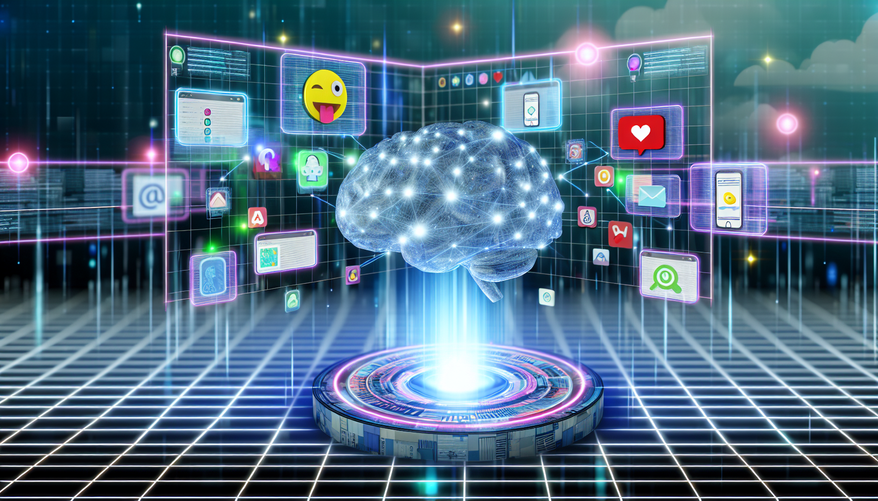 Erstellen Sie eine Illustration, die das Konzept der kÃ¼nstlichen Intelligenz darstellt, die zur Generierung von Inhalten fÃ¼r soziale Medien verwendet wird. Die Szene besteht aus einer KI-hirnÃ¤hnlichen EntitÃ¤t mit pulsierenden Lichtern und holografischen Bildschirmen, die um sie herum schweben. Die holografischen Bildschirme zeigen verschiedene Aspekte sozialer Medien, wie Emojis, Textnachrichten, Benutzerprofile und Feeds. Im Hintergrund zeigt die Illustration eine digitale Gitterlandschaft, die die digitale Welt symbolisiert. Bitte stellen Sie die kÃ¼nstliche Intelligenz als neutrale, inklusive Figur dar, die frei von menschlicher Darstellung ist.