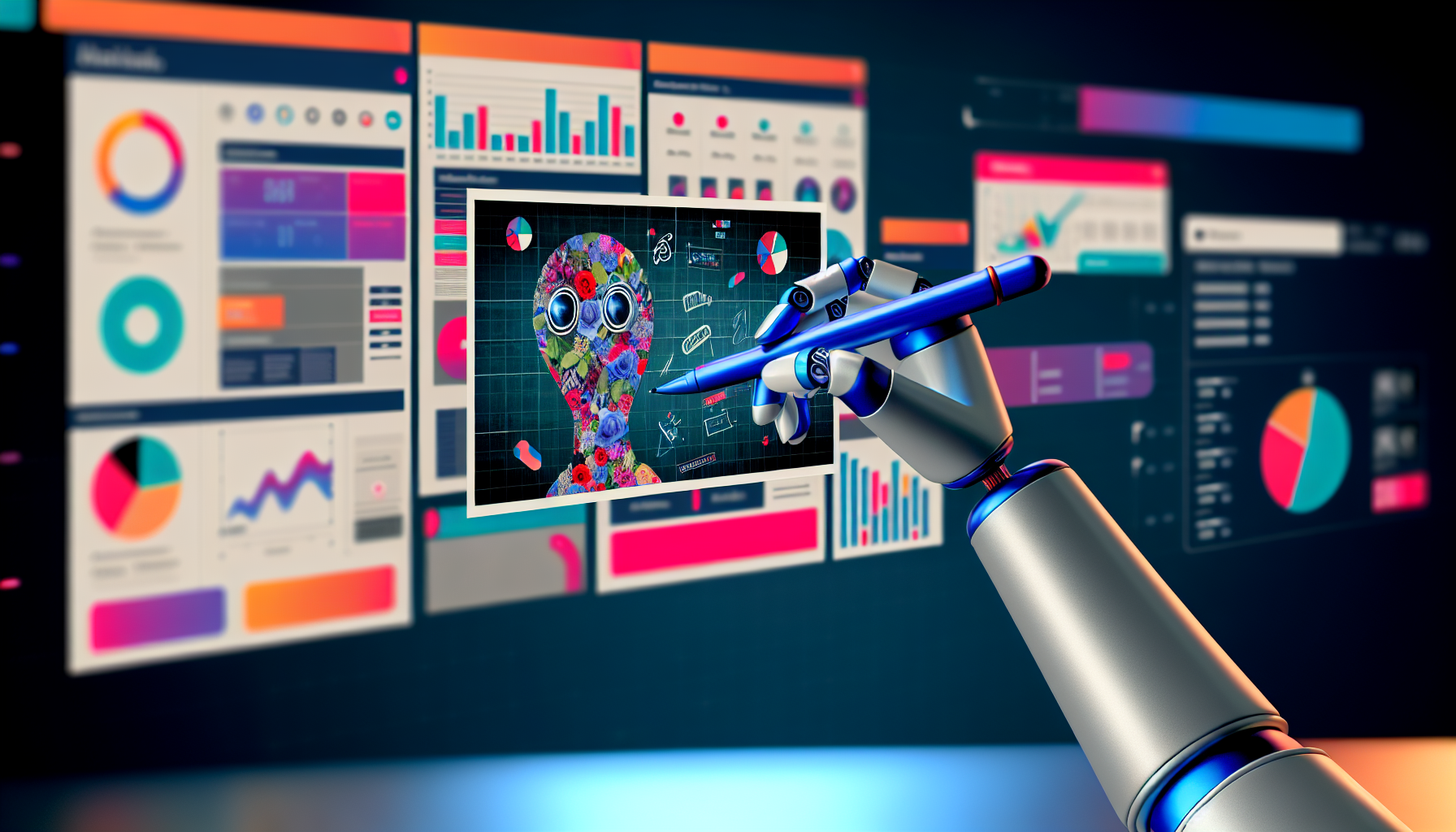 Stellen Sie sich ein kÃ¼nstliches Intelligenzsystem vor, das fleiÃŸig daran arbeitet, Inhalte fÃ¼r soziale Medien zu erstellen. Visualisieren Sie eine robotische Hand, die einen Stylus hÃ¤lt und geschickt Designs und Texte auf einem digitalen Layout erstellt. Das Layout zeigt eine Mischung aus bunten Grafiken und eingÃ¤ngigen Slogans. Um das KI-System herum sind Bildschirme zu sehen, die verschiedene Datenanalysen und Trends in sozialen Medien anzeigen. Um einen Hauch von KreativitÃ¤t hinzuzufÃ¼gen, ist die AuÃŸenseite des KI-Systems in lebhaften Blau- und SilbertÃ¶nen lackiert. Diese Szene symbolisiert die sich entwickelnde und dynamische Rolle der Technologie in kreativen Prozessen.