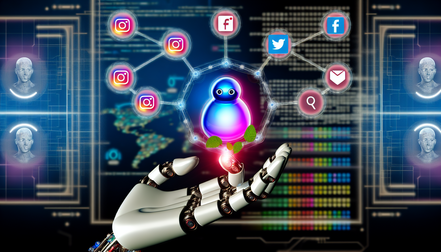Erstellen Sie ein Bild, das das Konzept eines kÃ¼nstlichen Intelligenzsystems darstellt, das Inhalte fÃ¼r soziale Medien generiert. Dies kÃ¶nnte verschiedene technische und fortschrittliche Elemente beinhalten, wie eine futuristische ComputeroberflÃ¤che, 3D-holographische Symbole fÃ¼r verschiedene soziale Medienplattformen und einen KI-Bot oder eine EntitÃ¤t, die mit diesen Symbolen interagiert oder sie hÃ¤lt. Die KI-EntitÃ¤t kÃ¶nnte als ein ausgeklÃ¼gelter Android oder als ein roboterhaftes Hand dargestellt werden. Der Hintergrund sollte eine hochmoderne Cyberspace-Umgebung sein.