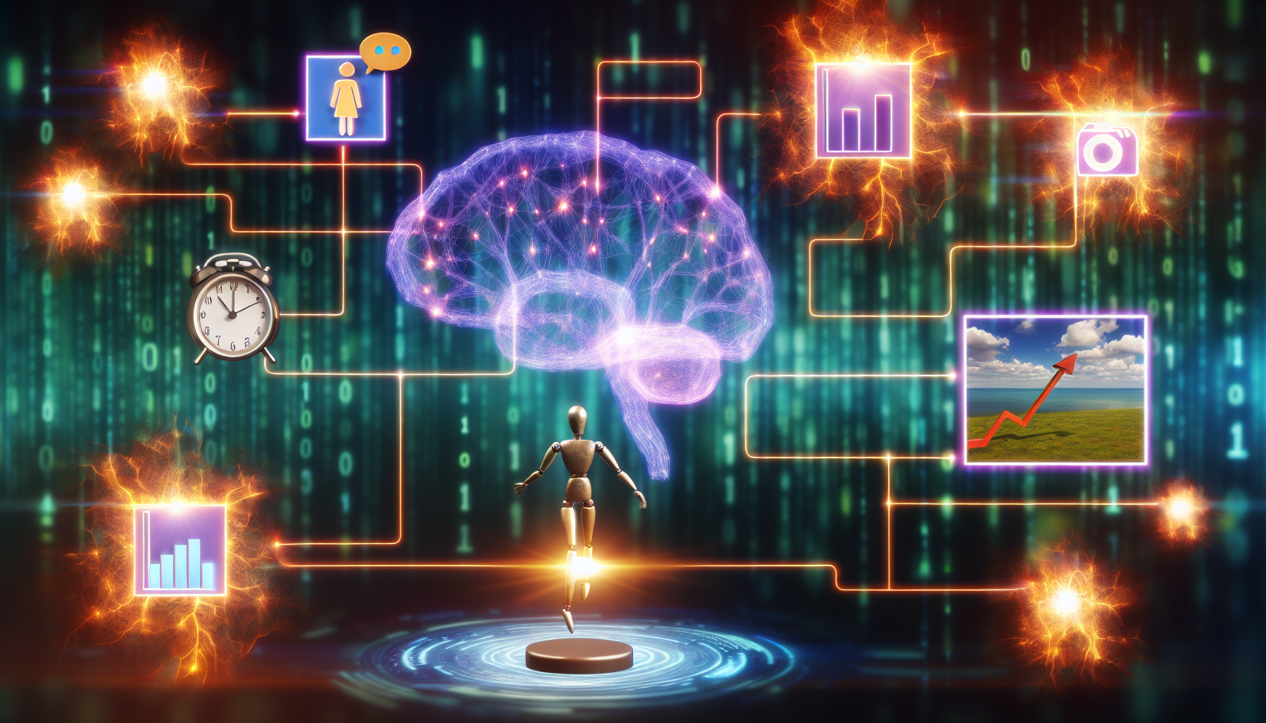 KÃ¼nstliche Intelligenz, die Inhalte fÃ¼r soziale Medien erstellt: eine abstrakte Darstellung. Der zentrale Fokus ist ein modellierter Neuron, der vor Energie leuchtet. Er steht auf einem Netzwerk aus dÃ¼nnen strahlenden Linien, die sich verzweigen und seine vielfÃ¤ltigen Verbindungen symbolisieren. Er ist dabei, verschiedene Formen von Inhalten zu generieren, dargestellt durch: eine Miniaturperson, die eine Sprechblase hochhÃ¤lt, ein Foto, das eine idyllische Landschaft zeigt, und ein ansprechendes Balkendiagramm. Eine nahegelegene digitale Uhr zeigt stÃ¤ndige Updates an, und der Hintergrund pulsiert subtil mit BinÃ¤rcodes, um die digitale Umgebung zu kennzeichnen.
