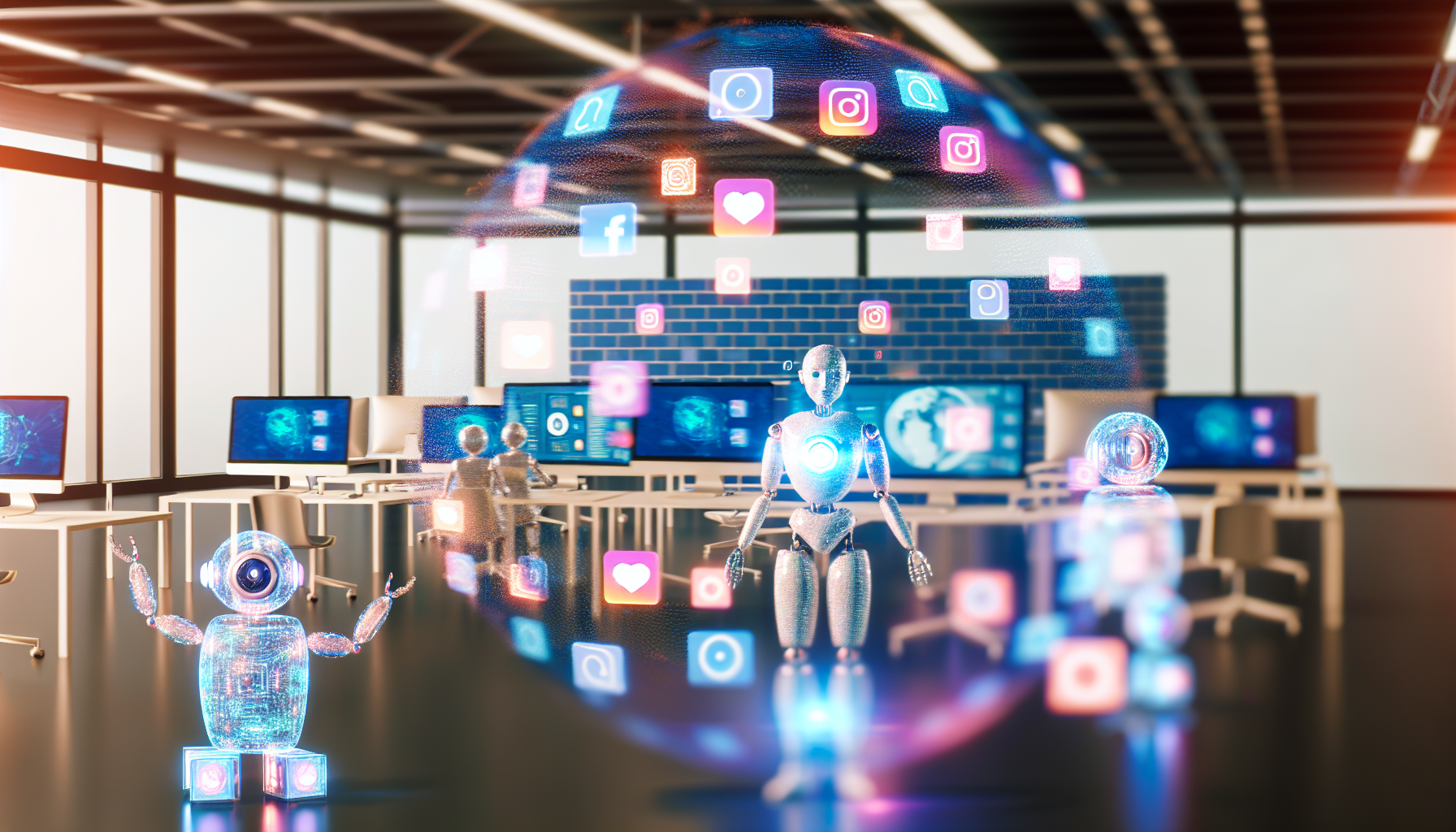 Erstellen Sie ein Bild, das das Konzept der Erstellung von Inhalten fÃ¼r soziale Medien mithilfe von kÃ¼nstlicher Intelligenz darstellt. Die Szene sollte einen futuristischen Arbeitsplatz mit fortschrittlicher Technologie zeigen, wie Hologrammen, KI-Robotern, Computern, die komplexe Algorithmen ausfÃ¼hren, und sozialen Medienplattformen, die auf holografischen Bildschirmen angezeigt werden. Der Fokus sollte auf dem Prozess der Inhaltserstellung liegen: Die KI-Algorithmen analysieren riesige Datenmengen, um Trends zu verstehen und relevante Inhalte zu generieren. Bitte sorgen Sie dafÃ¼r, dass eine lebendige und kreative AtmosphÃ¤re mit der Erstellung von Inhalten fÃ¼r soziale Medien verbunden ist.