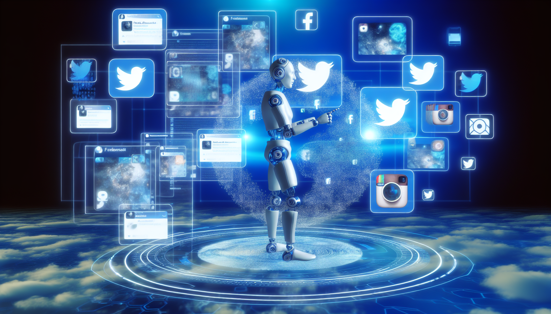 Erstellen Sie eine Visualisierung eines konzeptionellen KI-Systems in Form eines virtuellen Charakters oder Avatars, der mit verschiedenen sozialen Medien interagiert. Der Avatar kÃ¶nnte Tweets auf Twitter senden, Fotos auf Instagram hochladen und auf Kommentare auf Facebook reagieren. Die Umgebung sollte auf die virtuelle Welt hinweisen und mÃ¶glicherweise Elemente wie schwebende Bildschirme oder holografische Displays enthalten, die verschiedene soziale Medien-Apps reprÃ¤sentieren. Bitte vermeiden Sie die Darstellung von expliziten Logos oder urheberrechtlich geschÃ¼tztem Material.