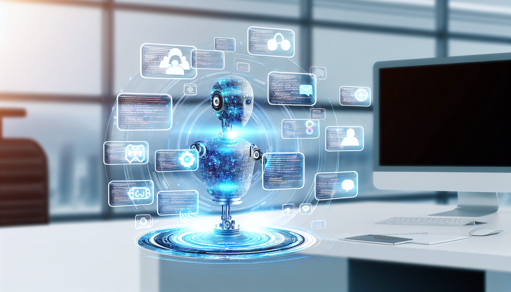 Erstellen Sie ein Bild von kÃ¼nstlicher Intelligenz, die Inhalte fÃ¼r soziale Medien generiert. Die kÃ¼nstliche Intelligenz kann als futuristisches, leuchtendes Computerzentrum dargestellt werden, mit mehreren Bildschirmen, die verschiedene Arten von Inhalten wie TextbeitrÃ¤ge, Bilder und Videos anzeigen. FÃ¼gen Sie einige Symbole und Icons von sozialen Medien hinzu. Der Hintergrund kann ein modernes, sauberes und minimalistisches BÃ¼ro sein.