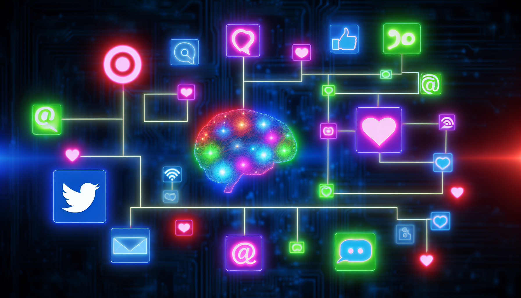 Erstellen Sie ein Bild einer konzeptionellen Darstellung von kÃ¼nstlicher Intelligenz, die Inhalte fÃ¼r soziale Medien generiert. Zeigen Sie verschiedene Symbole, die mit verschiedenen beliebten sozialen Medienplattformen verbunden sind, wie ein Symbol fÃ¼r das Posten, einen Like-Button, ein Nachrichten-Icon, alles in digitalen Neonfarben. FÃ¼gen Sie eine Darstellung von kÃ¼nstlicher Intelligenz hinzu, wie ein groÃŸes leuchtendes Gehirn oder ein Netzwerk von miteinander verbundenen Knoten, das diese AktivitÃ¤ten in sozialen Medien steuert.