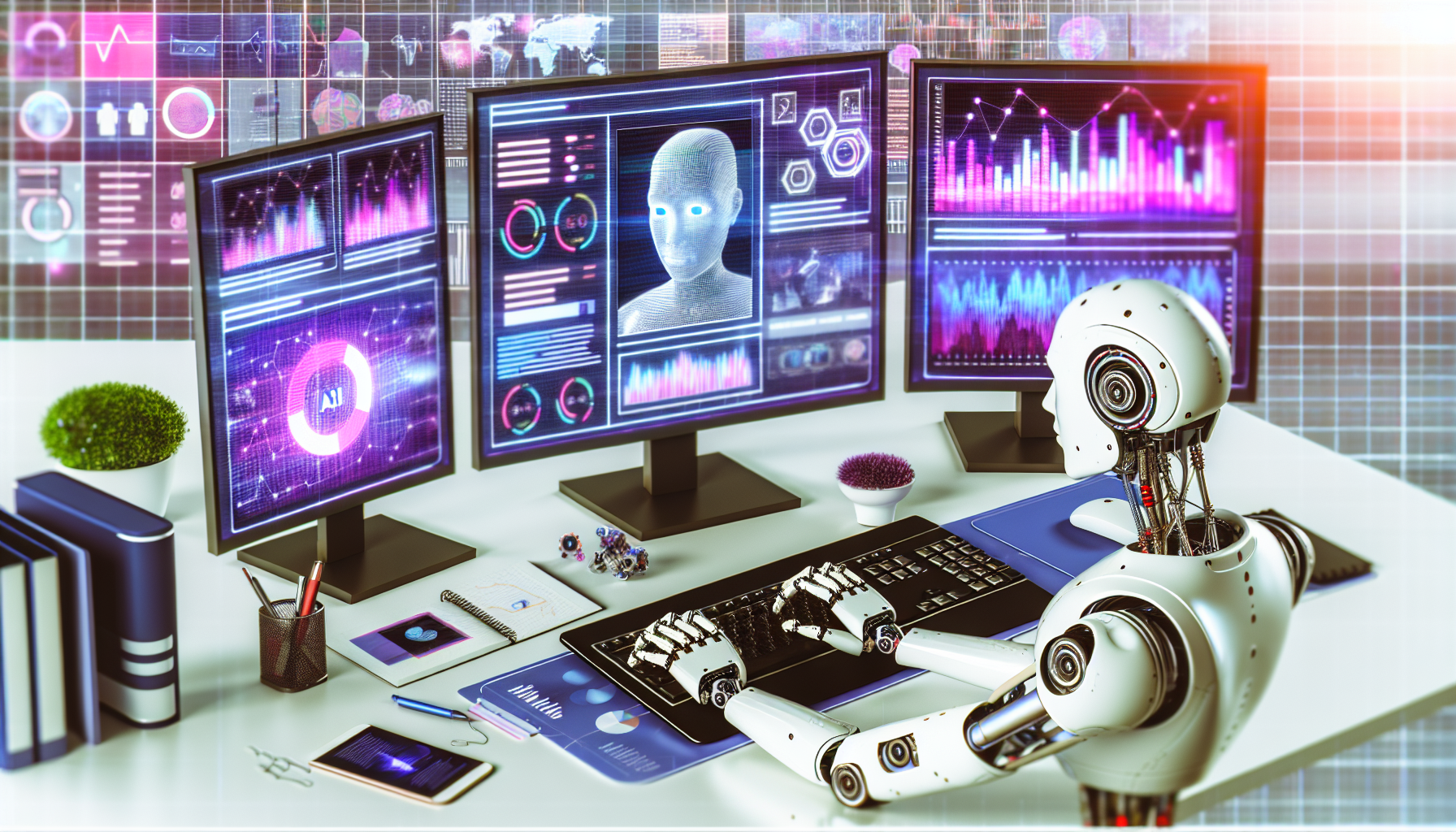 Erstellen Sie ein Bild, das den Prozess der Nutzung von kÃ¼nstlicher Intelligenz zur Erstellung von Inhalten fÃ¼r soziale Medien veranschaulicht. Stellen Sie sich ein futuristisches Computer-Setup mit mehreren Monitoren vor, die verschiedene Analysen, Diagramme und Grafiken anzeigen. Auf dem Hauptbildschirm stellen Sie sich ein Programm vor, das in Echtzeit fesselnde BeitrÃ¤ge fÃ¼r soziale Medien generiert. FÃ¼gen Sie einen markanten humanoiden Roboter mit mechanischen Armen hinzu, der auf der Tastatur tippt und das KI-Element widerspiegelt. Um den Arbeitsplatz herum visualisieren Sie einige hochmoderne Gadgets und GerÃ¤te, die auf eine zukÃ¼nftige Umgebung hinweisen.