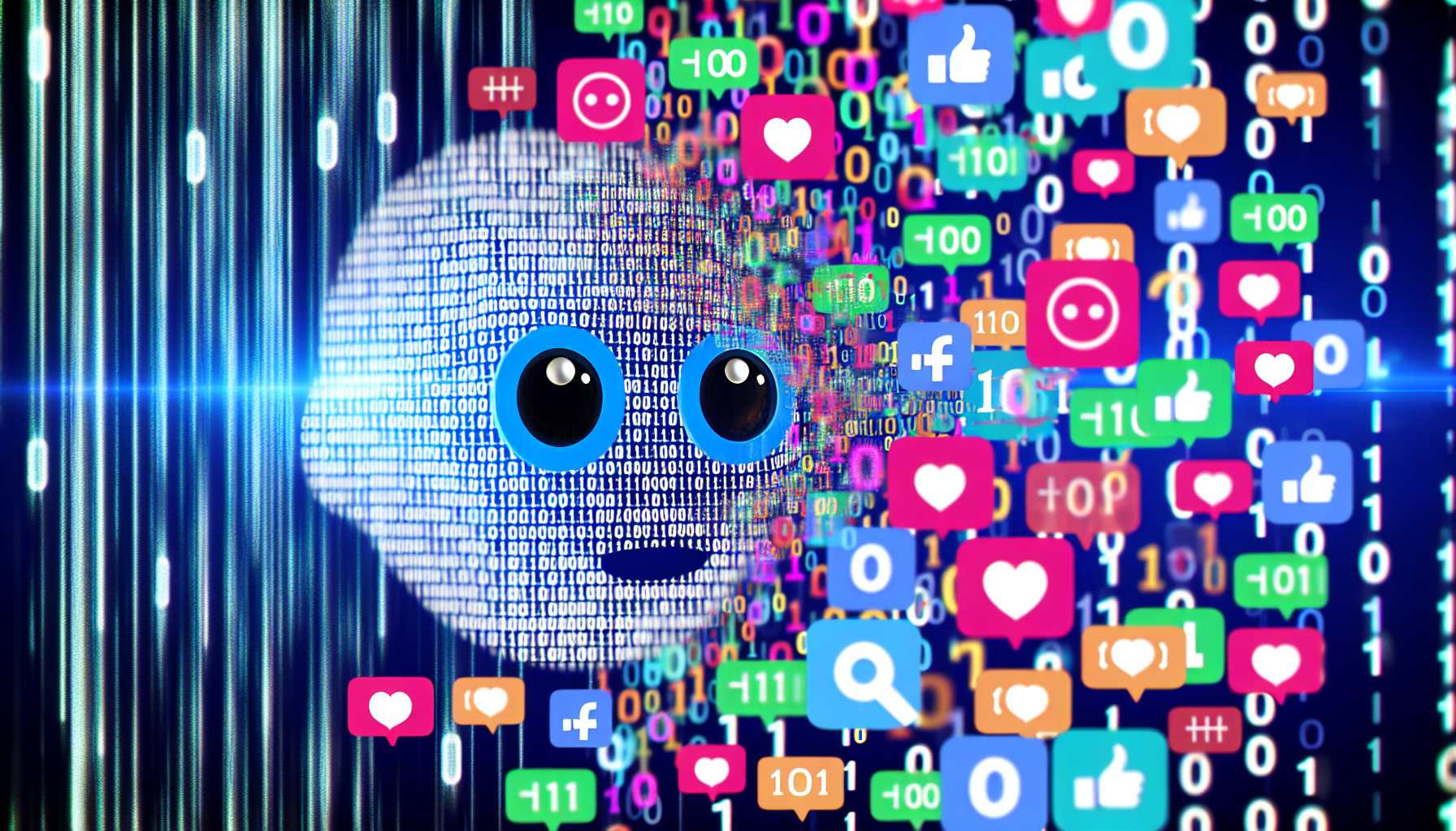 Erstellen Sie ein Bild, das kÃ¼nstliche Intelligenz darstellt, die Inhalte fÃ¼r soziale Medien erstellt. Zeigen Sie, wie BinÃ¤rcode sich in lebendige Emojis, Hashtags, Like-Icons und digitale Bilder verwandelt, um zu verdeutlichen, wie soziale Medienplattformen KI fÃ¼r personalisierte InhaltsvorschlÃ¤ge nutzen.