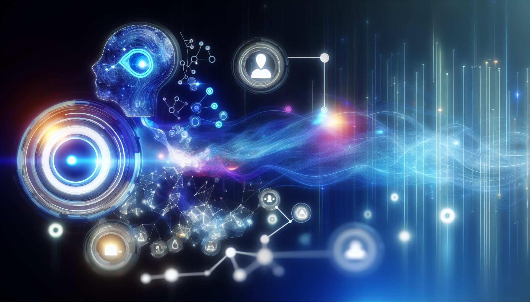 Erstellen Sie ein Bild, das das Konzept der kÃ¼nstlichen Intelligenz zeigt, die Inhalte fÃ¼r soziale Medien generiert. Illustrieren Sie eine elegante, futuristische BenutzeroberflÃ¤che mit flieÃŸenden DatenstrÃ¶men, leuchtenden Knoten und Diagrammen, die KI-Algorithmen darstellen. Die KI interagiert mit verschiedenen Elementen sozialer Medien wie BeitrÃ¤gen, Likes, Shares und Kommentaren. Achten Sie jedoch darauf, dass es keine direkten oder indirekten Hinweise auf spezifische soziale Medienplattformen gibt. Das Farbschema besteht hauptsÃ¤chlich aus Blau und WeiÃŸ, um ein GefÃ¼hl von Hochtechnologie und Innovation zu vermitteln.