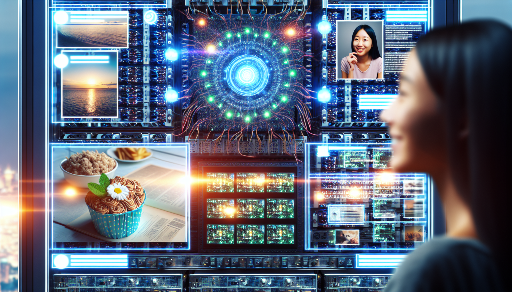 Erstellen Sie ein Bild, das die Idee darstellt, kÃ¼nstliche Intelligenz zur Generierung von Inhalten fÃ¼r soziale Medien zu nutzen. Die Szene sollte ein komplexes Computersystem mit leuchtenden Schaltkreisen und Diagrammen zeigen, das fortschrittliche VerarbeitungskapazitÃ¤ten andeutet. FÃ¼gen Sie auch Darstellungen verschiedener Arten von Social-Media-BeitrÃ¤gen hinzu, die um das System schweben, wie ein Urlaubsfoto, ein Essensbild, ein motivierendes Zitat aus einem klassischen Buch und einen kurzen Videoclip einer Katze. Eine Person asiatischer Abstammung und weiblichen Geschlechts Ã¼berwacht den gesamten Prozess auf einem groÃŸen Bildschirm.