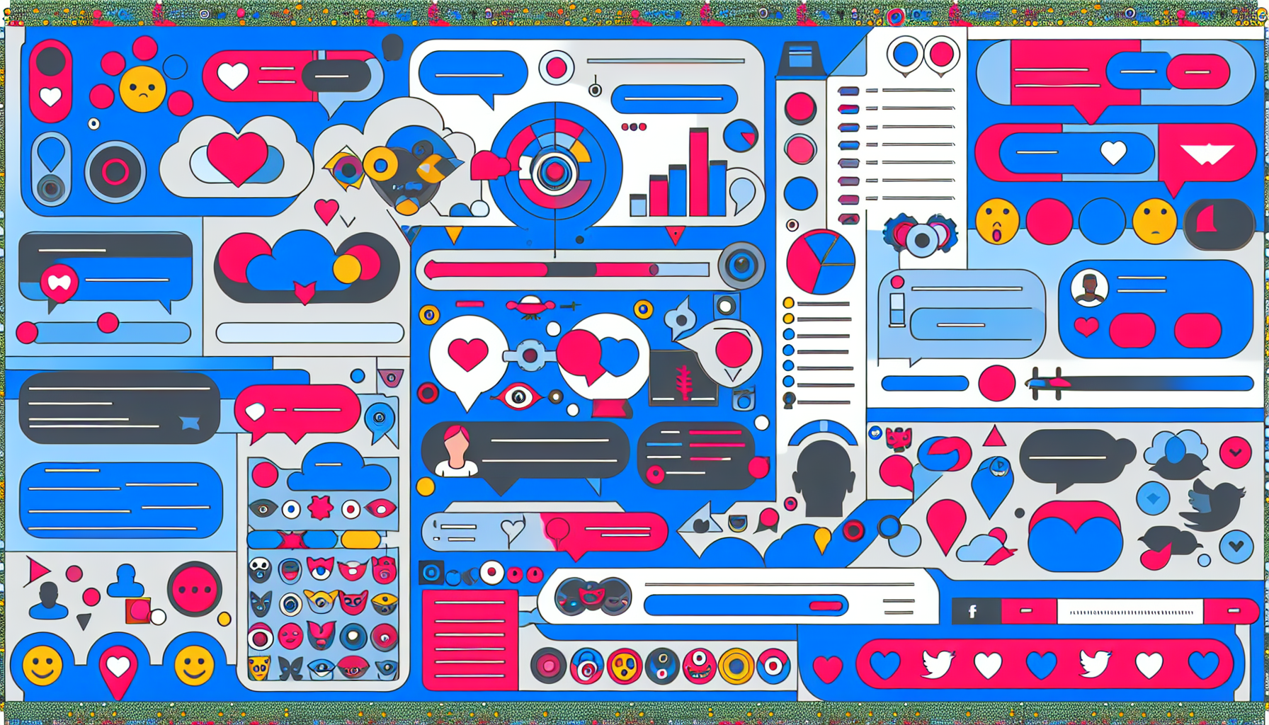 Erstellen Sie eine detaillierte und auffÃ¤llige Landschaft des modernen Social-Media-Inhaltsdesigns unter Verwendung von kÃ¼nstlicher Intelligenz. Merkmale wie Kommentarbereiche, 'GefÃ¤llt mir'-SchaltflÃ¤chen, Retweet-Symbole, Benutzerprofile mit faszinierenden Avataren, eine Seitenleiste mit angesagten Themen und eine Vielzahl von Emojis, die verstreut sind, alles in einer bunten und Ã¤sthetischen Anordnung organisiert.