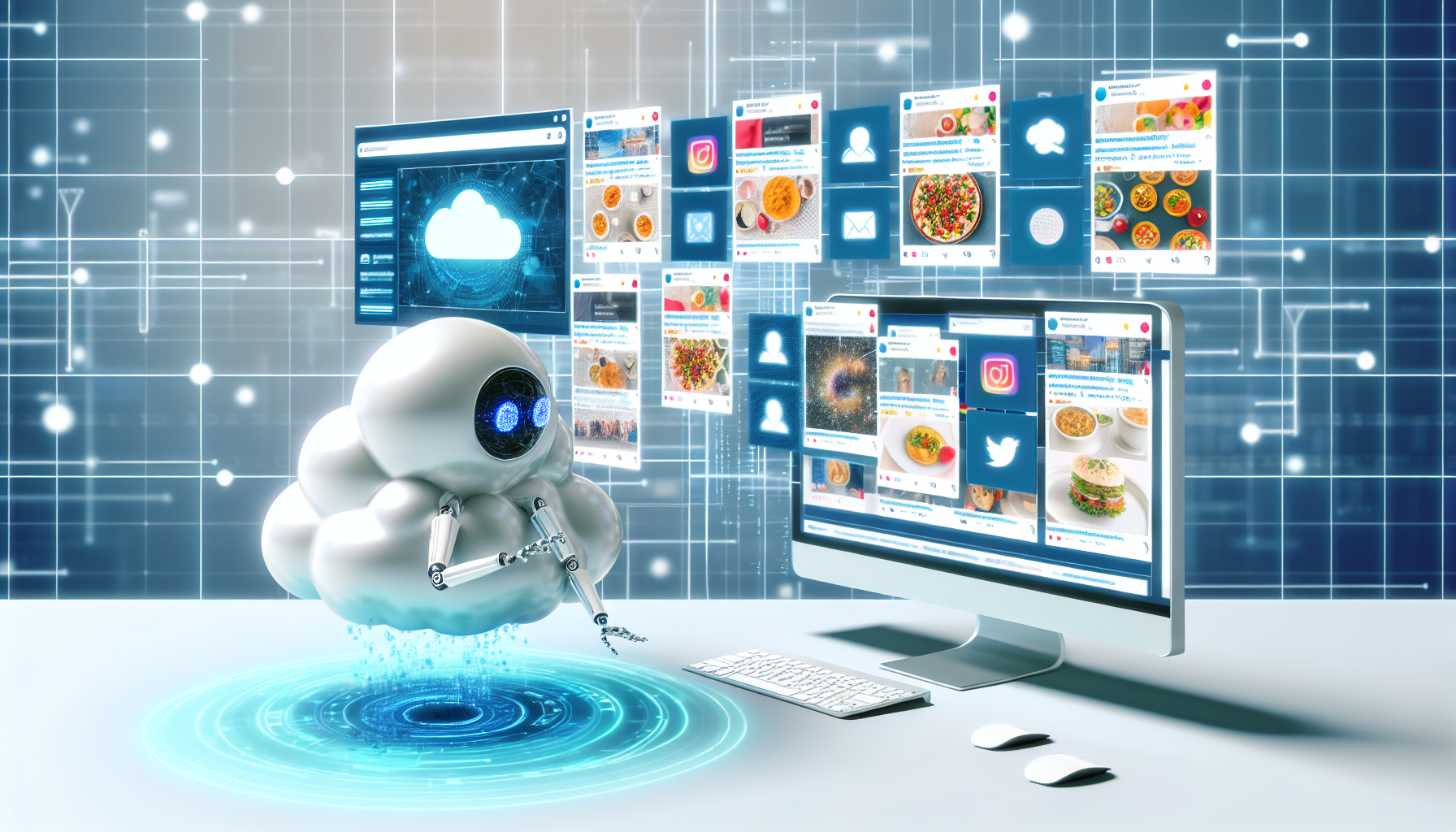 Illustration eines KÃ¼nstlichen Intelligenzsystems, das Inhalte fÃ¼r soziale Medien erstellt. Es kÃ¶nnte als intelligente WolkenentitÃ¤t dargestellt werden, die Ã¼ber einem Computer schwebt, auf dem verschiedene Bildschirme zu sehen sind, die unterschiedliche Arten von Social-Media-BeitrÃ¤gen zeigen, wie Partyfotos, Urlaubsziele, inspirierende Zitate, trendige Artikel und Essensbilder. Die KI-EntitÃ¤t kÃ¶nnte gezeigt werden, wie sie diese BeitrÃ¤ge optimal organisiert und sequenziert, um maximale Publikumsinteraktion zu erzielen. Die Umgebung kÃ¶nnte ein modernes digitales MarketingbÃ¼ro sein, mit futuristischen Tech-Elementen, die Ã¼berall verstreut sind, um einen fortschrittlichen Look zu erzeugen.