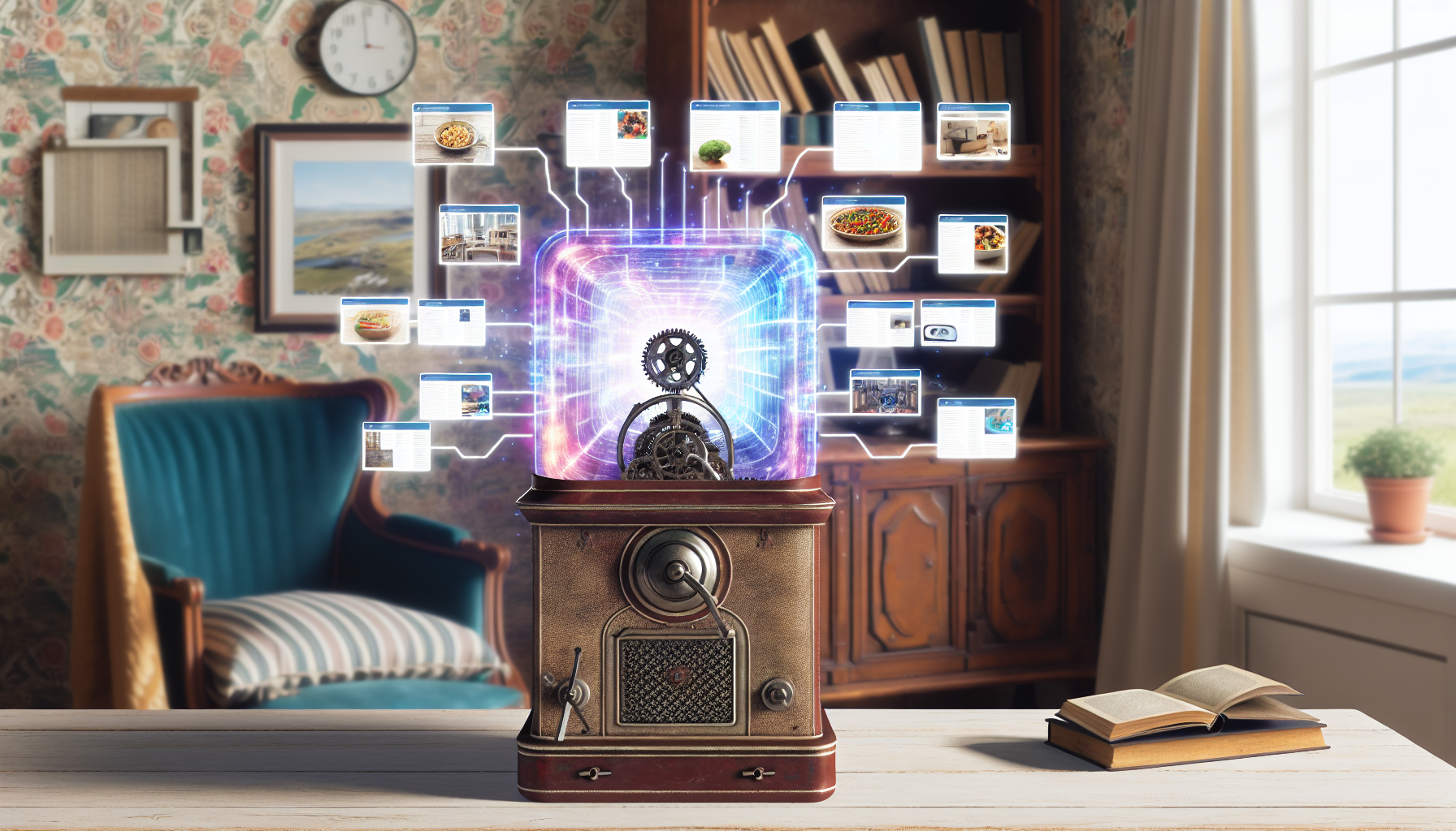 Erzeuge ein Bild eines kÃ¼nstlichen Intelligenzprogramms, das Inhalte fÃ¼r soziale Medien erstellt. Die KI zeigt mehrere Bildschirme mit verschiedenen Arten von Inhalten, wie z.B. Rezepten, Reisezielen, Technologieartikeln und mehr. Die KI ist wie eine alte klassische Denkmachine gestaltet, mit ZahnrÃ¤dern und Hebeln im Steampunk-Stil. Eine futuristische BenutzeroberflÃ¤che wird holographisch aus der Maschine projiziert. Der Hintergrund ist ein gemÃ¼tliches Arbeitszimmer mit vintage MÃ¶beln, das dennoch ein Gleichgewicht mit dem futuristischen KI-GerÃ¤t hÃ¤lt.