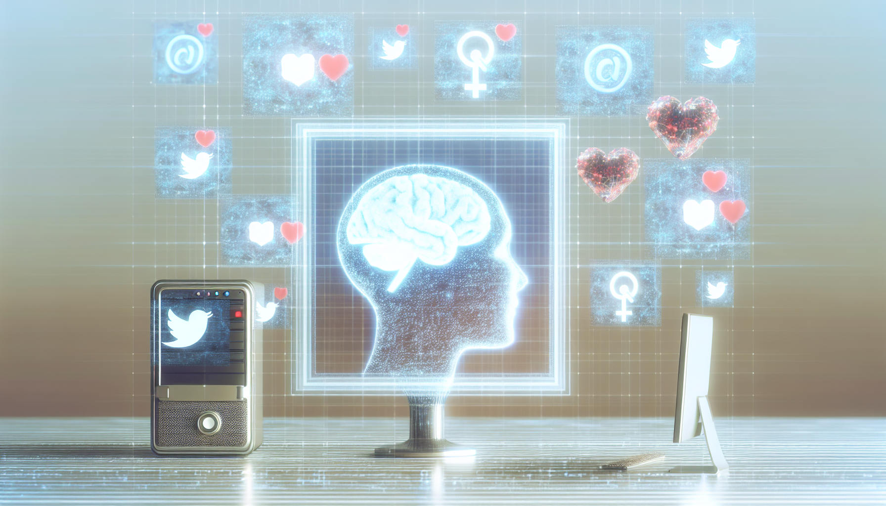 Ein konzeptionelles Bild, das kÃ¼nstliche Intelligenz darstellt, die Inhalte fÃ¼r soziale Medien erstellt. Die KI kann als Computersystem mit einem Gehirnsymbol auf dem Bildschirm dargestellt werden, das mit verschiedenen Symbolen von sozialen Medienplattformen wie Herzen, Likes, Shares und Kommentaren interagiert. Die Umgebung sollte in sanften FarbtÃ¶nen gehalten sein, die einen ruhigen und effizienten Arbeitsplatz signalisieren. Das Bild sollte futuristisch und innovativ sein und die Fortschritte in der Technologie hervorheben.