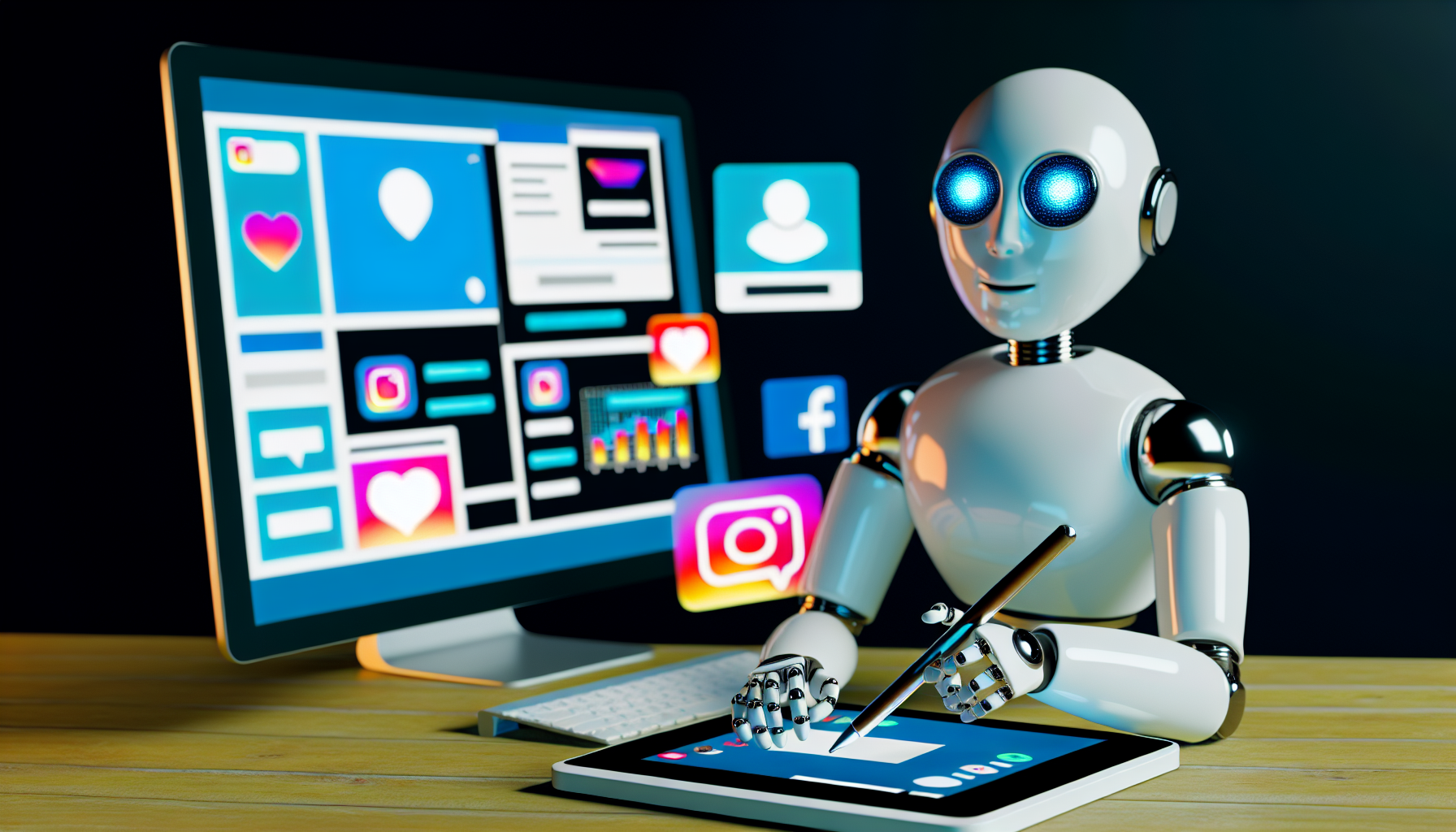Stellen Sie sich ein Konzept vor, das die Erstellung von Inhalten fÃ¼r soziale Medien mithilfe von kÃ¼nstlicher Intelligenz veranschaulicht. Ein humanoider Roboter sitzt an einem Schreibtisch mit mehreren Bildschirmen, die verschiedene soziale Medienplattformen anzeigen. In einer Hand hÃ¤lt der Roboter einen Stylus und bearbeitet ein digitales Foto auf einem Tablet, wÃ¤hrend er mit der anderen Hand eine eingÃ¤ngige Bildunterschrift auf einer Tastatur tippt. Die Augen des Roboters leuchten, was seine Konzentration und RechenfÃ¤higkeiten symbolisiert.