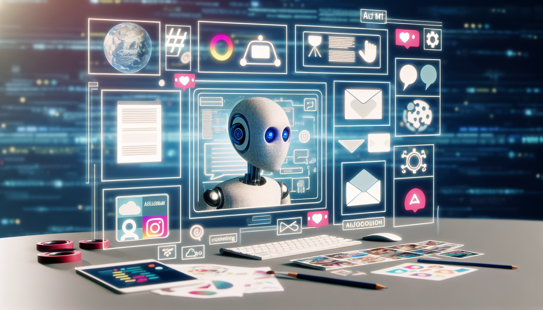 Erstellen Sie eine visuelle Darstellung einer kÃ¼nstlichen Intelligenz, die verschiedene digitale Werkzeuge und Anwendungen nutzt, um ansprechende und kreative Inhalte fÃ¼r soziale Medien zu erstellen. Stellen Sie die Designelemente, Texte, Bilder, Hashtags und Emojis dar, die typischerweise in einem sozialen Medienbeitrag zu sehen sind. Zeigen Sie die kÃ¼nstliche Intelligenz als nicht-menschliches Wesen, das an einem futuristischen Arbeitsplatz mit mehreren Bildschirmen arbeitet.