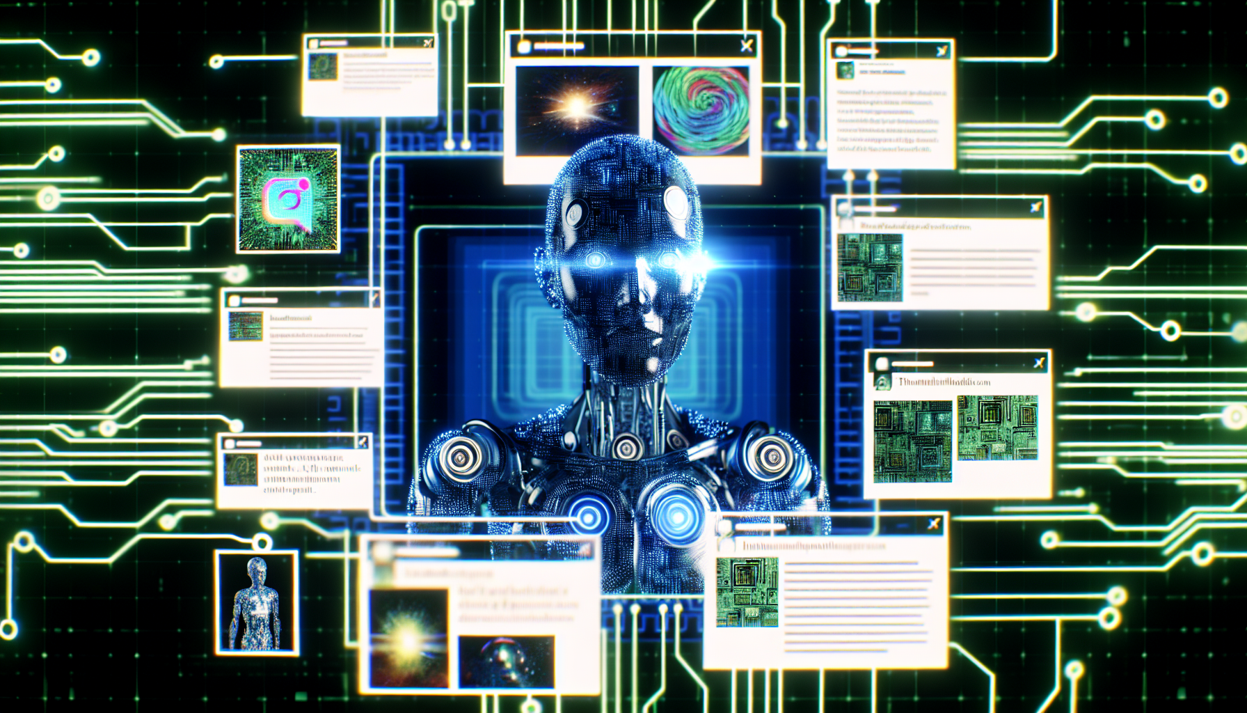 Erstellen Sie ein Bild, das die Erstellung von Inhalten fÃ¼r soziale Medien mithilfe von kÃ¼nstlicher Intelligenz darstellt. Das Bild sollte ein futuristisches KI-System zeigen, mit leuchtenden Schaltkreisen und Codezeilen, das aktiv verschiedene Arten von Inhalten fÃ¼r soziale Medien entwirft und verÃ¶ffentlicht. Dazu kÃ¶nnten BlogbeitrÃ¤ge, Instagram-Ã¤hnliche Fotos, Tweets usw. gehÃ¶ren. Das KI-System selbst sollte keine menschlichen Merkmale aufweisen, um seine nicht-menschliche Intelligenz und FunktionalitÃ¤t zu betonen.