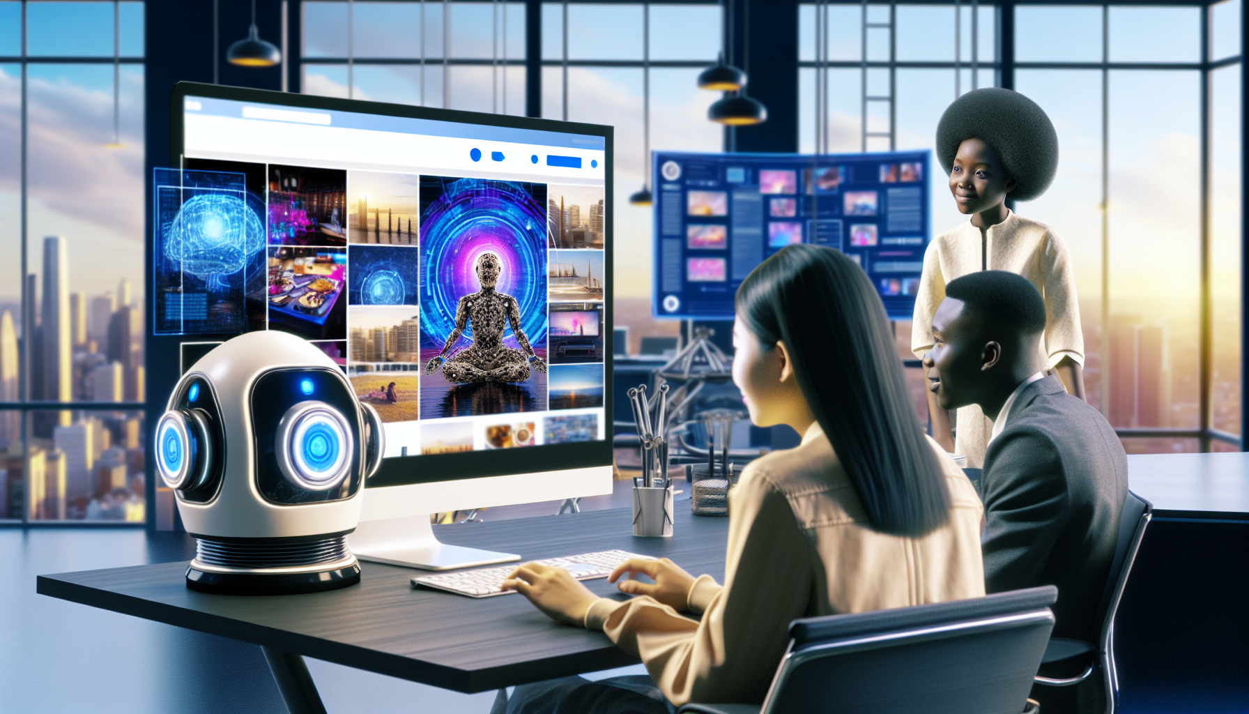 In einem futuristischen BÃ¼ro, das von groÃŸen Fenstern umgeben ist und einen atemberaubenden Blick auf die pulsierende Stadtlandschaft bietet, steht ein hochmoderner Computer im Mittelpunkt. Der Bildschirm des Computers leuchtet in lebhaften Farben und zeigt einen reichhaltigen Feed von Social-Media-BeitrÃ¤gen aus verschiedenen Genres wie Reisen, Essen und Lifestyle. nVor dem Computer sitzt eine asiatische Frau, die sich bequem an ihrem Schreibtisch niedergelassen hat. Ihr Blick ist konzentriert auf den Bildschirm gerichtet, wÃ¤hrend sie die dynamischen Inhalte beobachtet, die die kÃ¼nstliche Intelligenz in Echtzeit generiert. Neben ihr steht ein schwarzer Mann, der neugierig den Prozess der Inhaltserstellung verfolgt. nDer Raum ist mit futuristischen Gadgets ausgestattet â€“ von holografischen Displays bis hin zu interaktiven OberflÃ¤chen, die die neueste Technologie widerspiegeln. Die AtmosphÃ¤re ist kreativ und inspirierend, wÃ¤hrend die KI unermÃ¼dlich neue Ideen und BeitrÃ¤ge kreiert, die die sozialen Medien erobern werden.