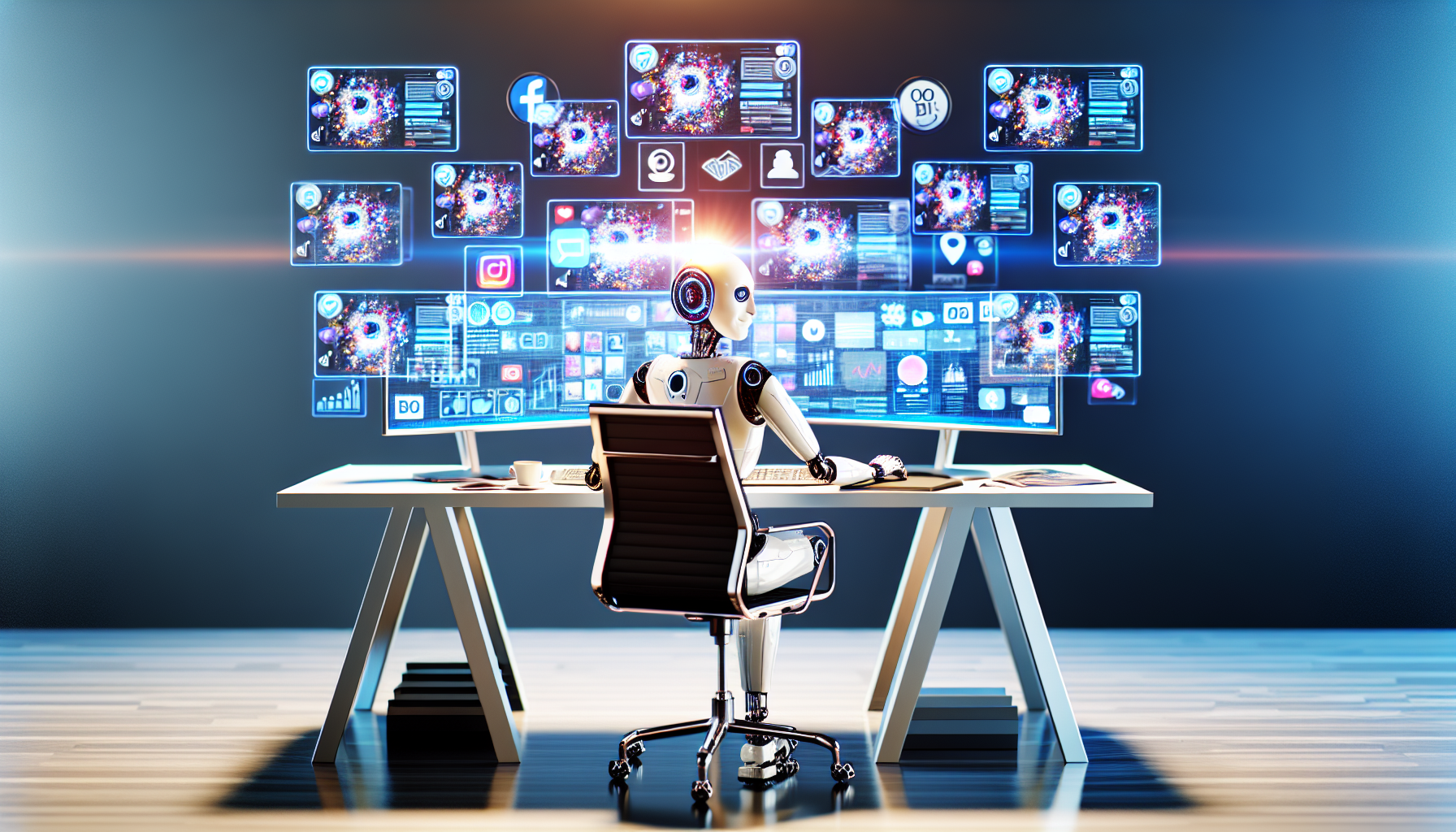 Erstellen Sie ein Bild, das kÃ¼nstliche Intelligenz darstellt, die Inhalte fÃ¼r soziale Medien erstellt. Die Inhalte kÃ¶nnten verschiedene Kategorien umfassen, wie Fotos, Videos, Grafiken oder Infografiken, BlogbeitrÃ¤ge und mehr. Visualisieren Sie dies mit einem futuristischen KI-Roboter, der an einem eleganten Schreibtisch sitzt, der mit mehreren Bildschirmen ausgestattet ist, die eine Vielzahl von aufkommenden Trends in sozialen Medien anzeigen, wie Emojis, Hashtags, Trending Topics und Datengraphen. Integrieren Sie Elemente, die maschinelles Lernen und KI-Algorithmen im Arbeitsbereich reprÃ¤sentieren. Das Design des KI-Roboters kann fortschrittliche Technologie und Innovation widerspiegeln und symbolisieren, dass er in der Lage ist, groÃŸe Datenmengen zu analysieren und vielfÃ¤ltige Inhalte fÃ¼r soziale Medien zu generieren.