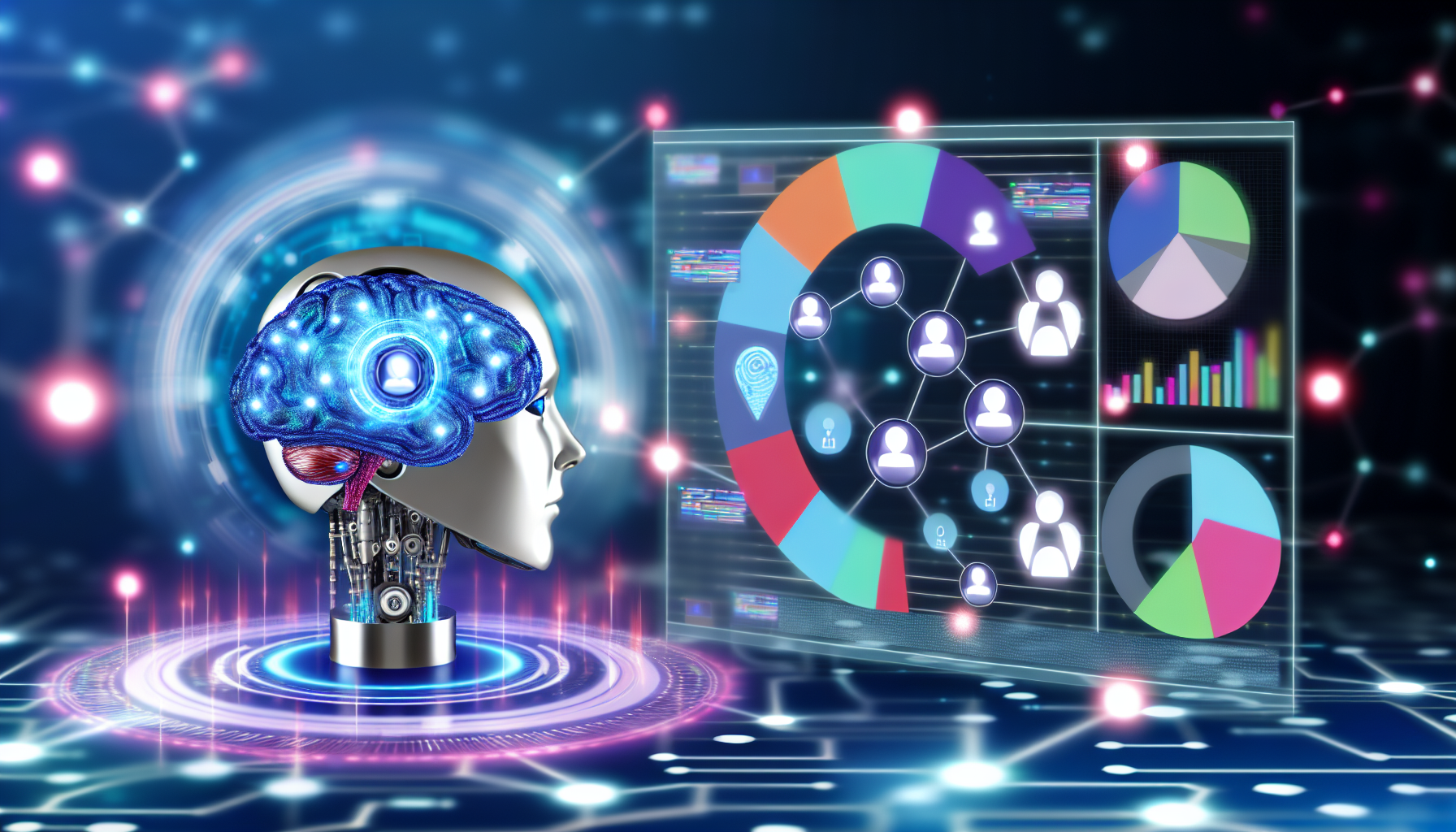 Erstellen Sie ein Bild, das kÃ¼nstliche Intelligenz darstellt, die Inhalte fÃ¼r soziale Medien generiert. Die Szene zeigt eine KI, symbolisiert durch ein glÃ¤nzendes, metallisches Gehirn, das mit einem digitalen Bildschirm interagiert, der verschiedene Arten von Inhalten fÃ¼r soziale Medien anzeigt, wie bunte Tortendiagramme, Benutzerstatistiken und Trending Topics. All dies schwebt in einem futuristischen virtuellen Raum, der mit pulsierenden Netzwerk-Knoten und leuchtenden DatenstrÃ¶men gefÃ¼llt ist, die InterkonnektivitÃ¤t symbolisieren.