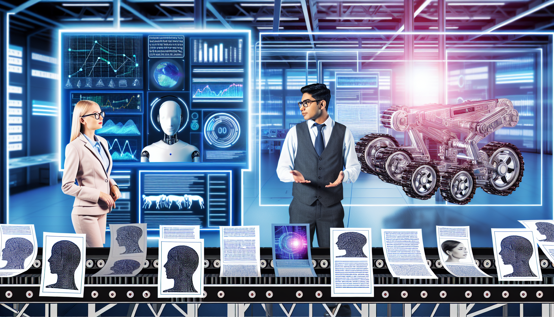 Erstellen Sie ein Bild, das den Prozess der Erstellung von Inhalten fÃ¼r soziale Medien mithilfe von kÃ¼nstlicher Intelligenz darstellt. Die Szene sollte ein futuristisches Labor mit hochmodernen GerÃ¤ten zeigen, Bildschirme, die Algorithmen und Grafiken anzeigen, sowie KI-Roboter, die sorgfÃ¤ltig arbeiten. Eine kaukasische Frau mit Brille steht neben einem sÃ¼dasianischen Mann, beide Fachleute auf ihrem Gebiet, und diskutieren sowie Ã¼berwachen den Prozess. Im Vordergrund hÃ¤lt ein FÃ¶rderband verschiedene Inhalte bereit, die von grafischen Designs Ã¼ber schriftliche Artikel bis hin zu Videoclips reichen.