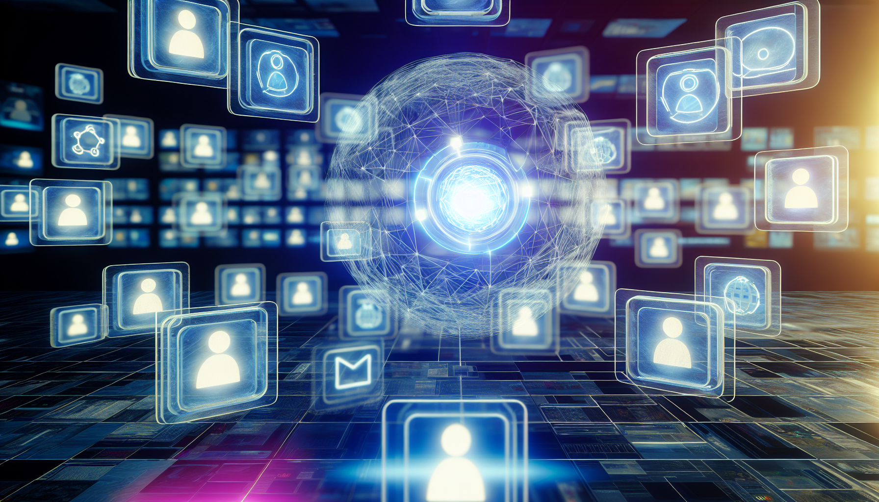 Erstellen Sie ein Bild, das das Konzept der kÃ¼nstlichen Intelligenz visualisiert, die Inhalte fÃ¼r soziale Medien erstellt. Stellen Sie sich ein futuristisches Kontrollzentrum vor, das mit transparenten holografischen Bildschirmen gefÃ¼llt ist, die in der Luft schweben. Auf diesen Bildschirmen sollten Symbole angezeigt werden, die verschiedene Formen von Multimedia-Inhalten wie Bilder, Texte und Videos reprÃ¤sentieren. In der Mitte sollte eine 3D-Drahtgitterkugel dargestellt werden, die mit Energie leuchtet und den 'Geist' der KI symbolisiert. FÃ¼gen Sie eine Darstellung von multikulturellen und multi-gender Menschen hinzu, die mit diesen Schnittstellen interagieren.