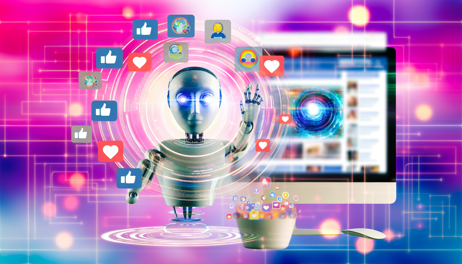 Erstellen Sie ein Bild, das das Konzept der kÃ¼nstlichen Intelligenz darstellt, die Inhalte fÃ¼r soziale Medien erstellt. Dies sollte eine abstrakte EntitÃ¤t zeigen, die fortschrittliche Technologie symbolisiert und mit verschiedenen Symbolen sozialer Medien wie 'GefÃ¤llt mir', 'Teilen' und 'Kommentieren' interagiert. FÃ¼gen Sie einen Computerbildschirm hinzu, der eine Vielzahl von Inhalten wie Memes, BeitrÃ¤ge und Bilder anzeigt. Es sollte eine futuristische, saubere Ã„sthetik haben, mit lebendigen Farben, um die dynamische Natur sozialer Medien zu verdeutlichen.