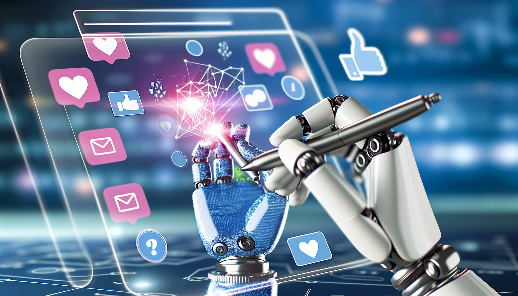 Erstellen Sie ein Bild, das das Konzept zeigt, wie KI bei der Erstellung von Inhalten fÃ¼r soziale Medien hilft. Es kÃ¶nnte eine virtuelle Roboterhand zeigen, die einen Stylus hÃ¤lt und kreative Grafiken auf einem transparenten digitalen Touchscreen entwirft, wÃ¤hrend verschiedene Symbole sozialer Medien wie ein Herz, ein Daumen hoch und ein Teilen-Symbol umher schweben. Der Hintergrund kÃ¶nnte eine futuristische, technologie-inspirierte Umgebung sein. Dieses Setting prÃ¤sentiert ein fortschrittliches technologisches Szenario, in dem kÃ¼nstliche Intelligenz eine integrale Rolle bei der Entwicklung von Inhalten fÃ¼r digitale Plattformen spielt.