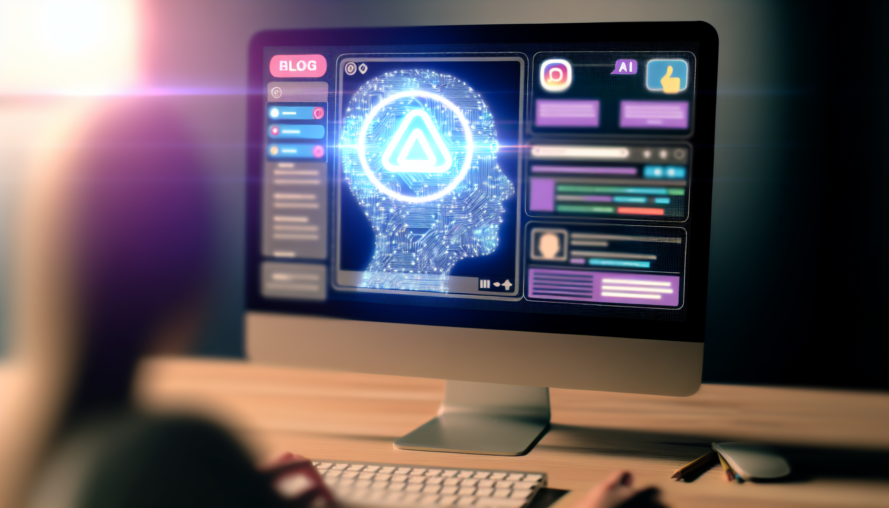 Visualisieren Sie eine kÃ¼nstliche Intelligenz-Technologie, die an einem Computer arbeitet, um Inhalte fÃ¼r soziale Medien zu generieren. Der Computerbildschirm zeigt verschiedene Anwendungen wie einen Blogbeitrags-Editor, einen Video-Editor und einen Planer fÃ¼r soziale Medien. Die KI wird als leuchtendes Symbol dargestellt, das auf dem Bildschirm liegt und einen konstanten Datenstrom von sich in die Anwendungen flieÃŸen lÃ¤sst.