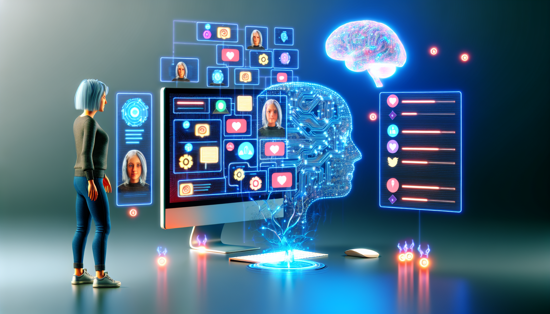 Erstellen Sie ein Bild, das die Nutzung von kÃ¼nstlicher Intelligenz zur Erstellung von Inhalten fÃ¼r soziale Medien symbolisiert. Zeigen Sie einen futuristischen Computer mit mehreren Bildschirmen, die verschiedene Aspekte sozialer Medien darstellen, wie BeitrÃ¤ge, Kommentare, Likes und Shares. FÃ¼gen Sie einige visuelle Elemente hinzu, die KI reprÃ¤sentieren, wie Schaltkreis-Muster, leuchtende neuronale Netzwerke oder ein schwebendes 3D-Hologramm eines Gehirns Ã¼ber dem Computer. Integrieren Sie auch einen Menschen, vielleicht eine kaukasische Frau, die mit dem Setup interagiert und neugierig sowie fasziniert aussieht.