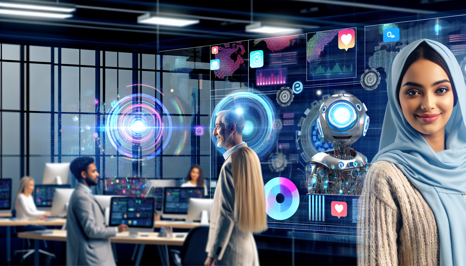 Erstellen Sie ein Bild, das das Konzept der Generierung von Inhalten fÃ¼r soziale Medien mit kÃ¼nstlicher Intelligenz zeigt. Stellen Sie einen futuristischen Kontrollraum dar, der Grafiken und Daten anzeigt, mit einer vielfÃ¤ltigen Gruppe von Technologieexperten, die zusammenarbeiten. FÃ¼gen Sie einen groÃŸen Bildschirm hinzu, der verschiedene Arten von Inhalten fÃ¼r soziale Medien anzeigt, sowie einen KI-Bot in Form einer komplexen holografischen Projektion. Im Vordergrund zeigen Sie eine Frau aus dem Nahen Osten und einen Mann aus SÃ¼dasien, die mit den holografischen Steuerungen interagieren.